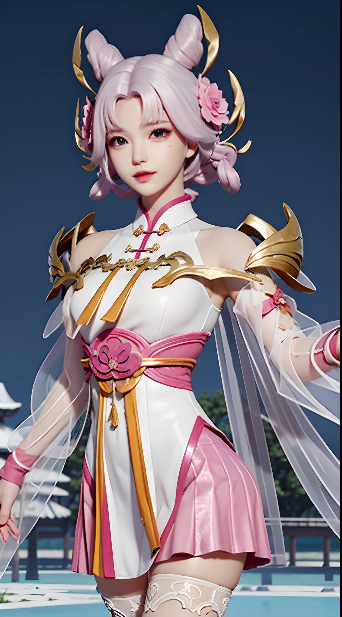 Pink and white hair a short bob Beautiful breasts qipao dress ,Masterpiece,best qualtiy,