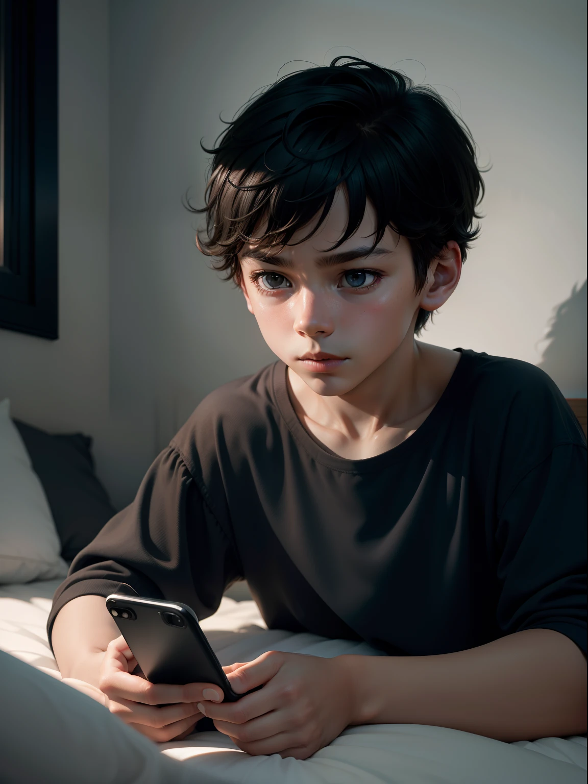 A boy lying in bed playing with his cell phone，The surroundings are dim，The light of the phone reflected on his face，However, at this time，A black shadow appeared on the wall