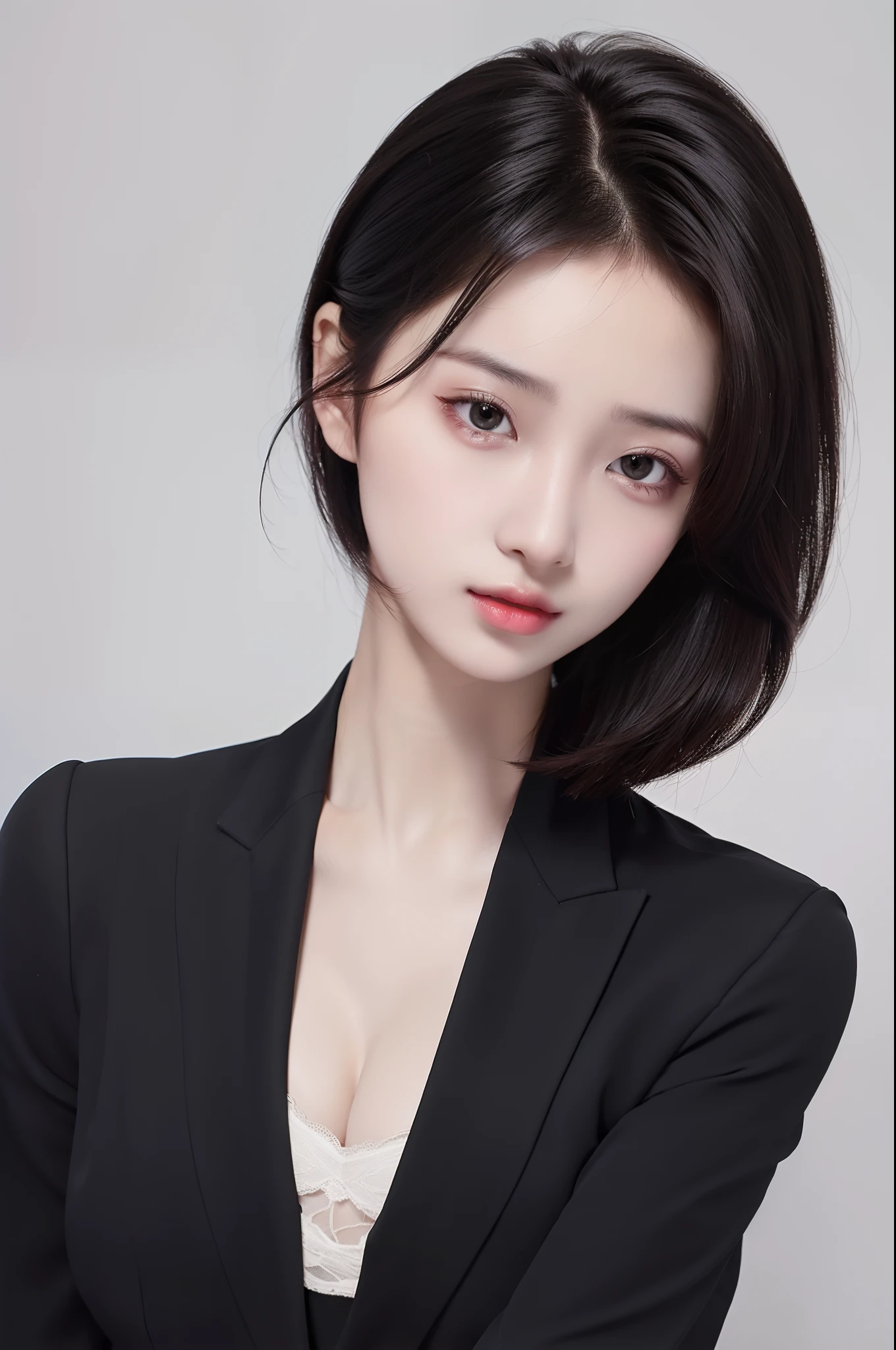 Best quality, high details, high resolution, HD, 16k,Close-up photo of shoulder-length short black hair girl in suit uniform, ultraclear, Flawless and delicate face, True delicate skin, big breasts beautiful, Delicate and clear eyes, Look at the screen, Simple, (simple Red background)
