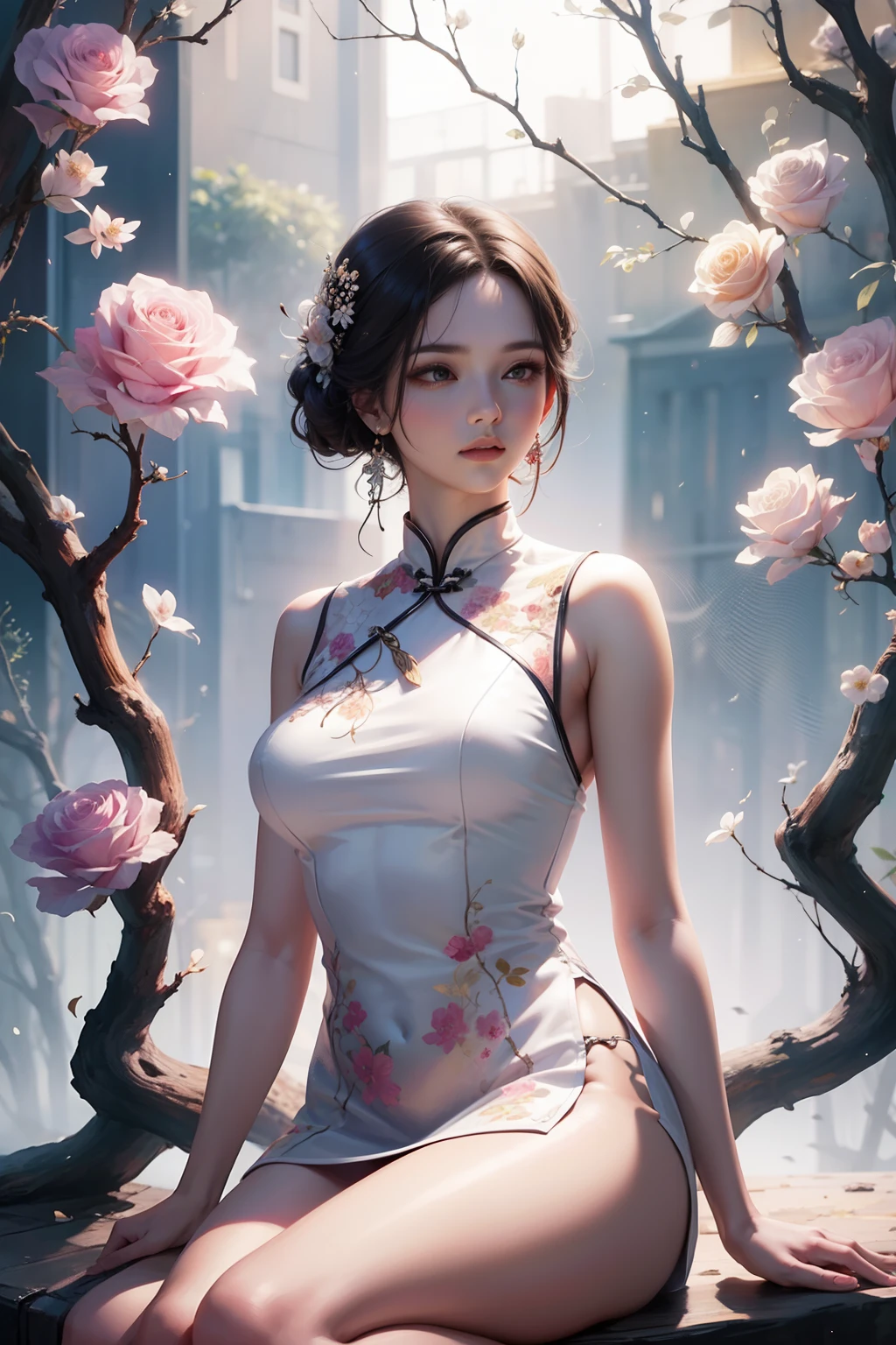 (Sit on a branch)，A woman of outstanding figure，Dressed in a fine cheongsam，Leaking out of both shoulders，Transparent body，fresh flowers，jewely，Amazing work，Vitreous luster,clean backdrop，High gloss