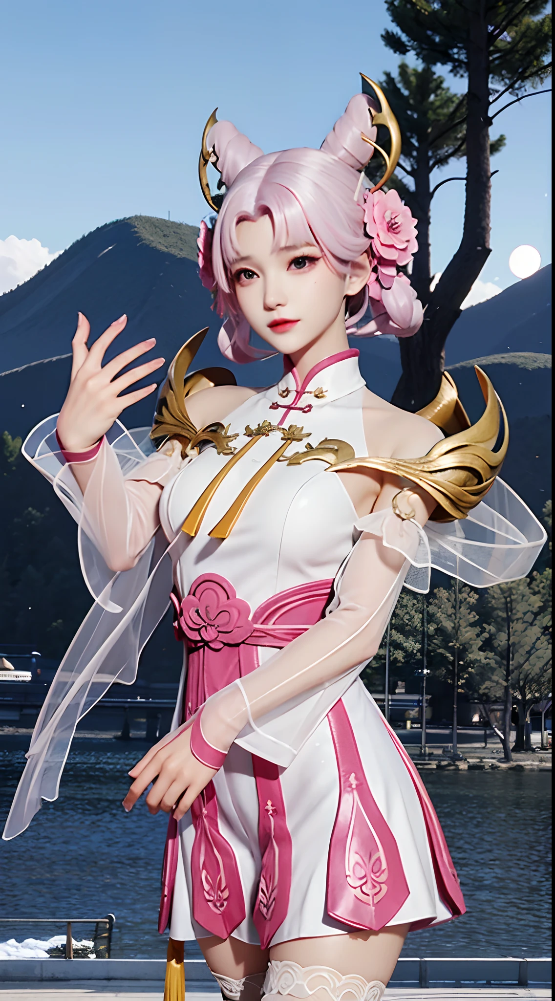 Pink and white hair　a short bob　Beautiful breasts　qipao dress