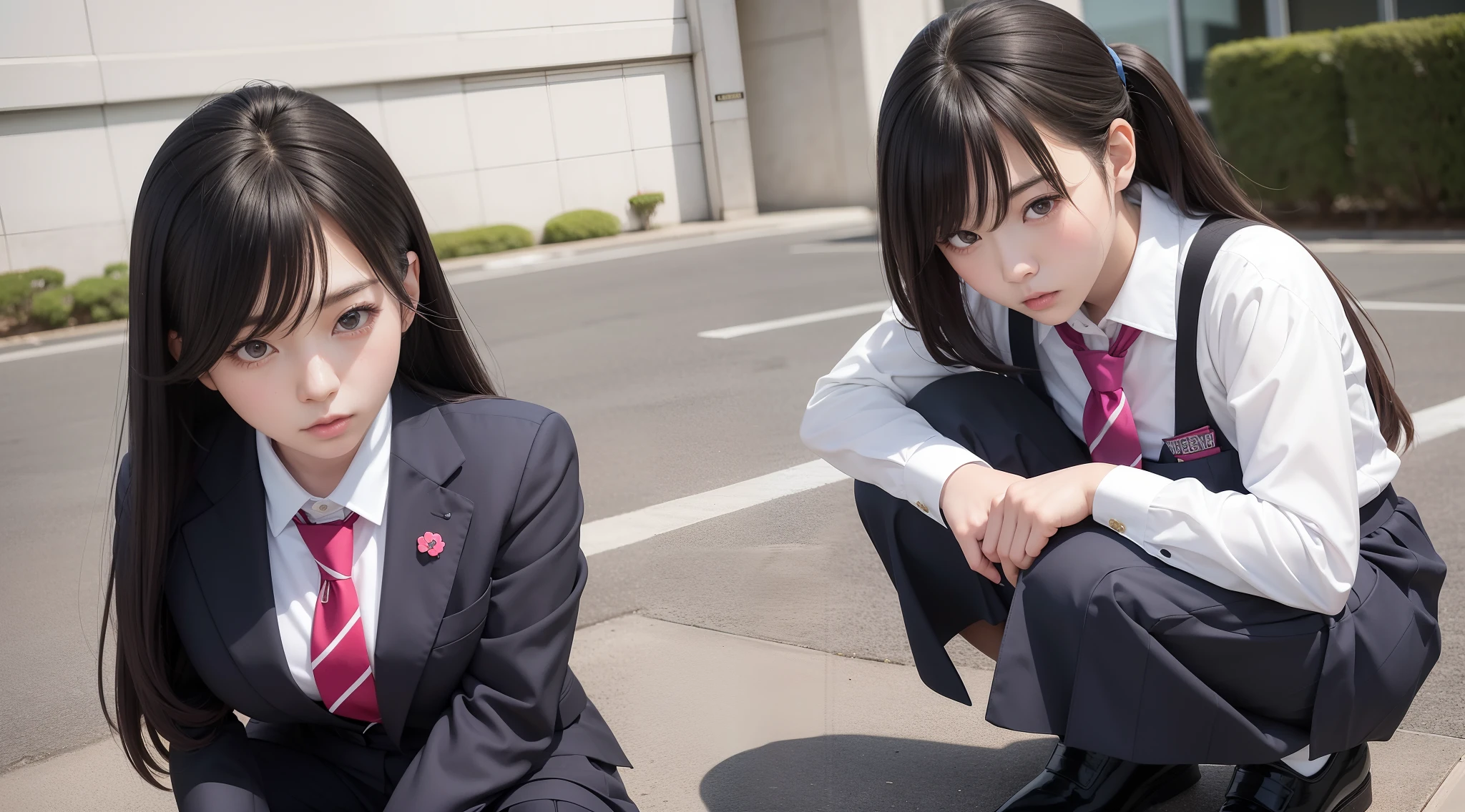 There is a woman squatting on the ground in a suit and tie, the anime girl is crouching, portrait of a japanese teen, a hyperrealistic schoolgirl, real life anime girl, Japan school uniform, Squatting, Seifuku, a hyperrealistic schoolgirl, japanese girl school uniform, japanese high school, beautiful anime high school girl,I'm looking here