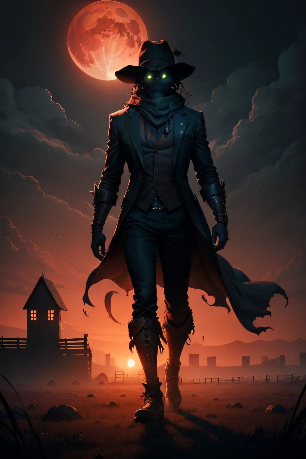 Create a YouTube channel cover art with dimensions 1546 x 423 px that captures the essence of terror. Depict a haunting scarecrow standing menacingly before a timeworn barn, surrounded by a sea of towering cornstalks under the eerie illumination of a blood-red moon.
Art Style: Digital Painting
Inspired by: H.R. Giger
Details: The scarecrow's distorted form exudes an unsettling blend of human and alien features, evoking a sense of dread and the unknown.
Color Temperature: Cool tones permeated by a crimson hue to enhance the atmosphere of dread.
Facial Expressions: The scarecrow's obscured face hints at a malevolent grin, intensifying the feeling of unease.
Lighting and Atmosphere: The harsh, angled light from the red moon casts long shadows across the scene, emphasizing the ominous atmosphere. The barn's windows emit a faint, ominous glow.
Negative Prompts: Avoid elements like "feet poorly drawn," "blurry details," "bad anatomy," or "watermark."