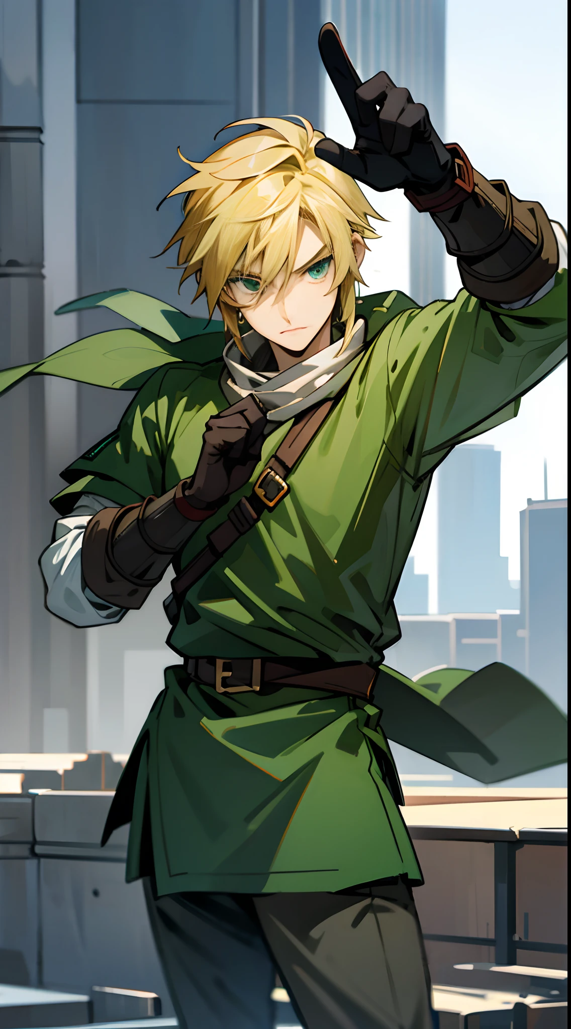 blond, tall, green-eyed guy, viking style, russian hero style, strong, modern clothes, modern city, city, anime style, anime  , link, gloves