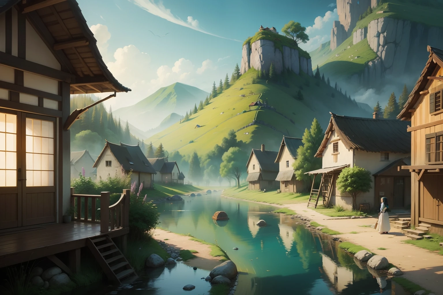 She painted tranquil scenes, healing the village's troubles, cartoon style,,