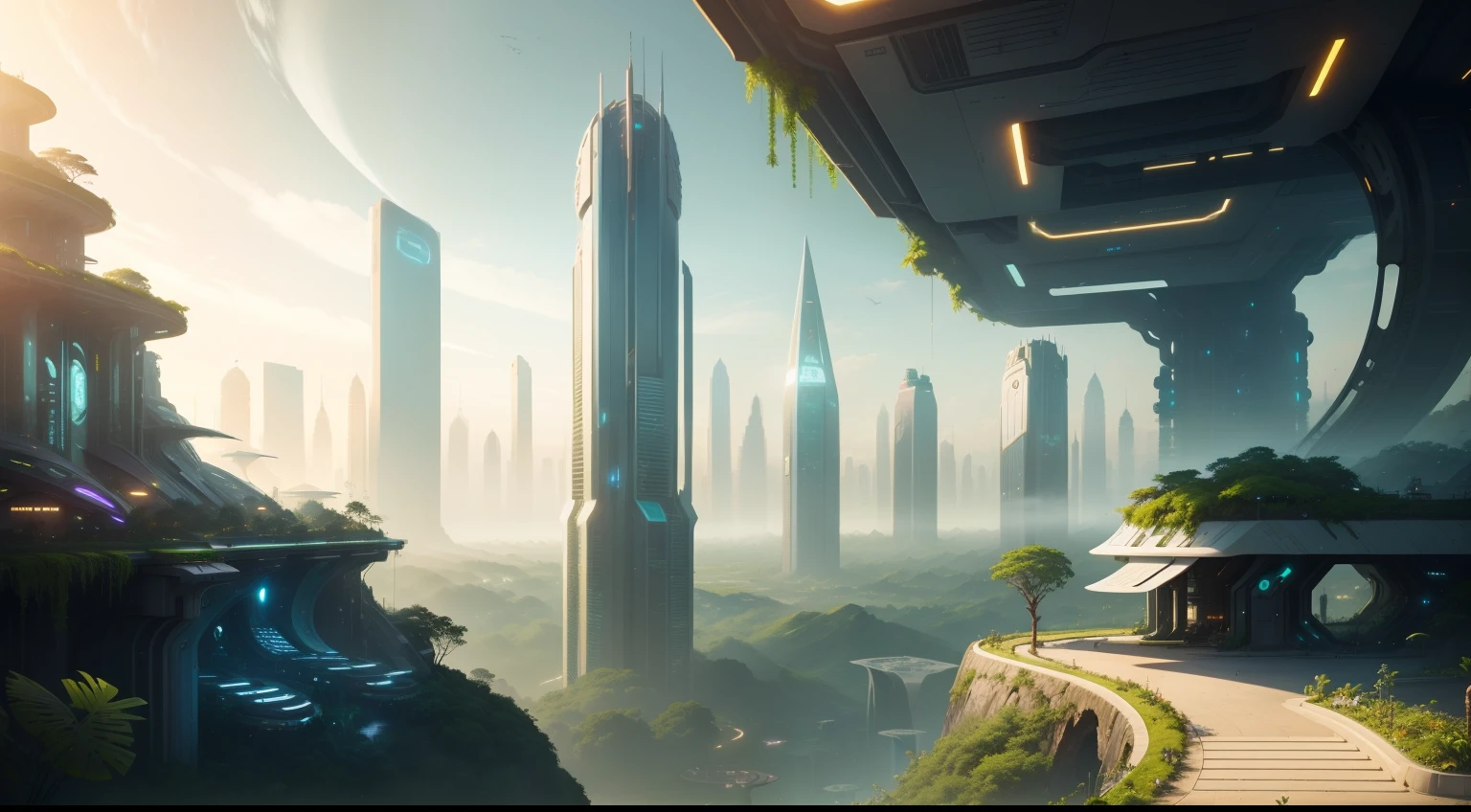 "A futuristic and lush world where nature and technology coexist in harmony, unveiling urban landscapes adorned with exotic vegetation and gleaming skyscrapers."