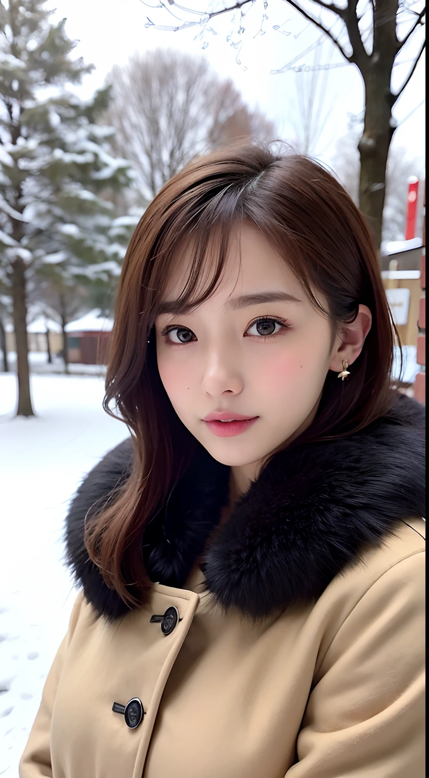 1 girl, bare_tree, brown_eyes, brown_hair, building, coat, cross_earrings, earrings, fur, fur trimmed_coat, fur_collar, fur_scarf, fur_trim, jewelry, lips, shorthair, looking_at_viewer, outdoors, snow, snow, solo, tree, upper_body, Winter, winter_clothes, detailed_eyes,Big breasts, arms close together, Chest facing camera, Big, Ears out, Golden ratio face, Golden ratio body, Best quality, Ultra high definition, Bangs
