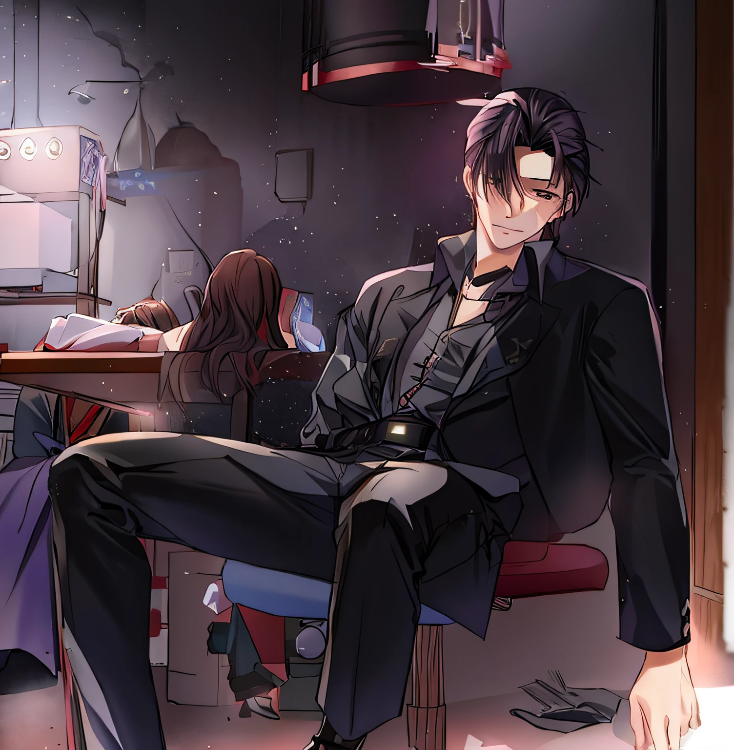Anime - imagem de estilo de um homem sentado em uma cadeira em uma sala, Kawacy, visual novela cg |, de meninas da linha de frente, shigenori soejima illustration, visual novela chave visual, Melhor Avaliado em Pixiv, por Shitao, night core, ; visual novela, Tecnologia batida. Neo Estilo Preto, style of madhouse studio anime, visual novela