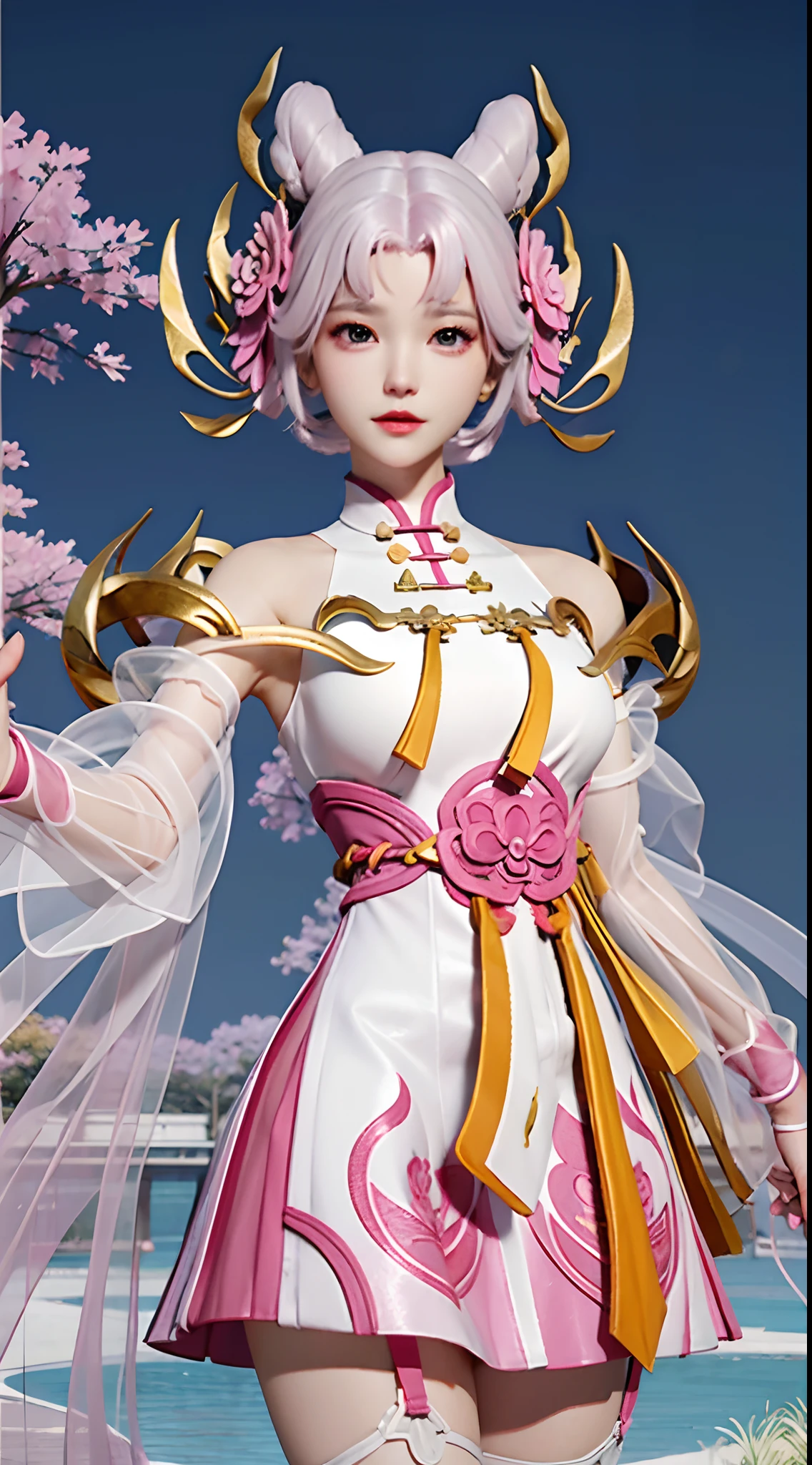 Pink and white hair a short bob Beautiful breasts qipao dress