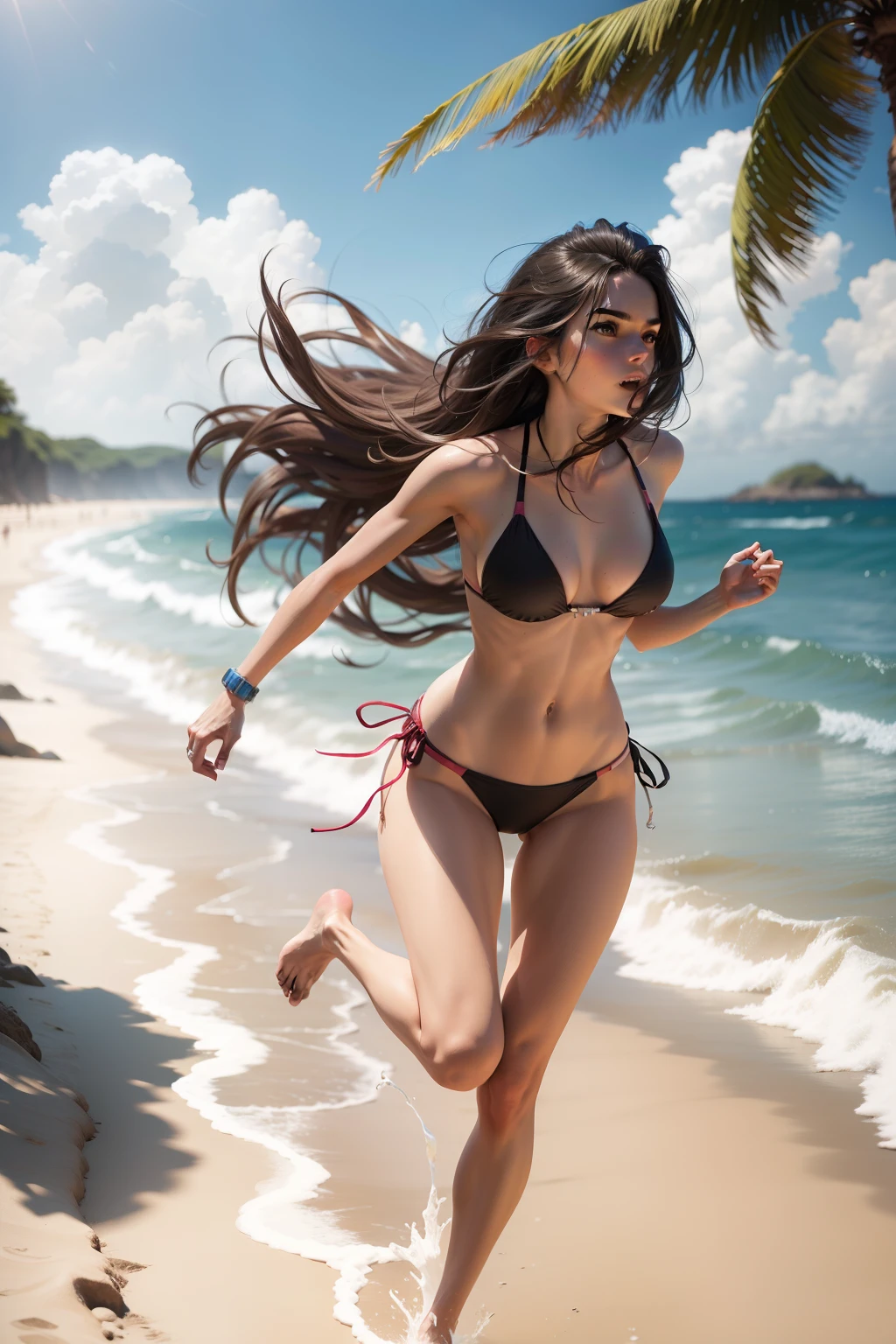 Long haired slim beauty running on the beach in bikini