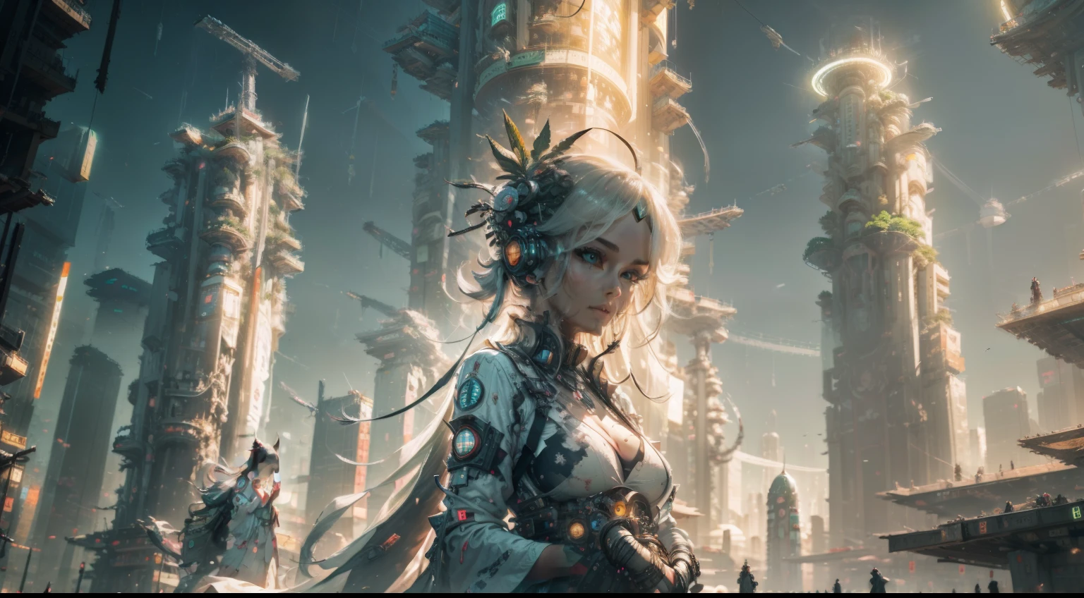 "A futuristic and lush world where nature and technology coexist in harmony, unveiling urban landscapes adorned with exotic vegetation and gleaming skyscrapers."