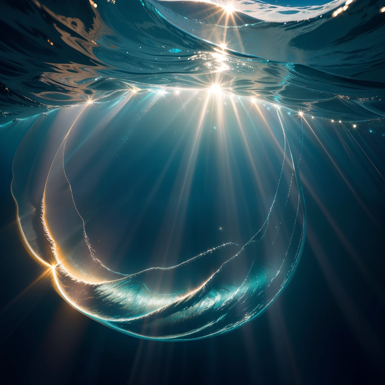Uma imagem hipnotizante de um luminescente, conchas iridescentes, shining with dazzling colors in the deep blue depths of the Pacific Ocean, The sun's rays filter the surface of the water, fundindo um suave, brilho dourado em cena. lente grande-angular, Long exposure, Alto contraste