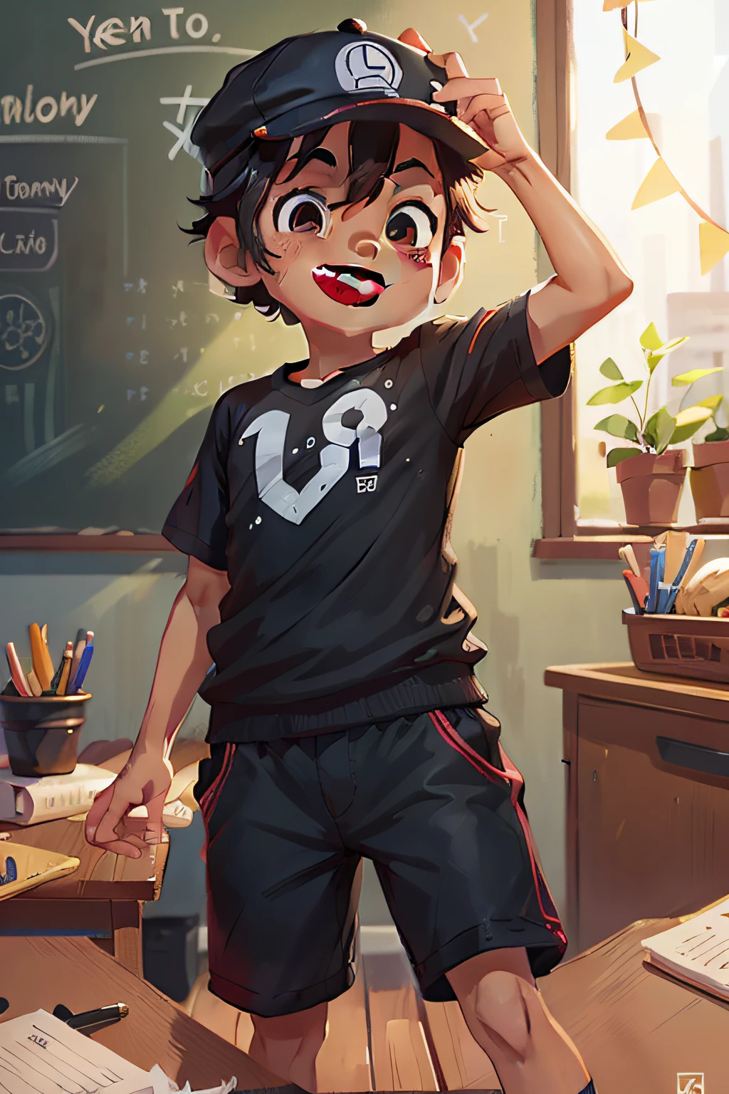 teo is an 8 boy, black, cute, vibrant eyes, smile on his face, happy and full of life, wearing cap, bald, smart smile, in class, male
