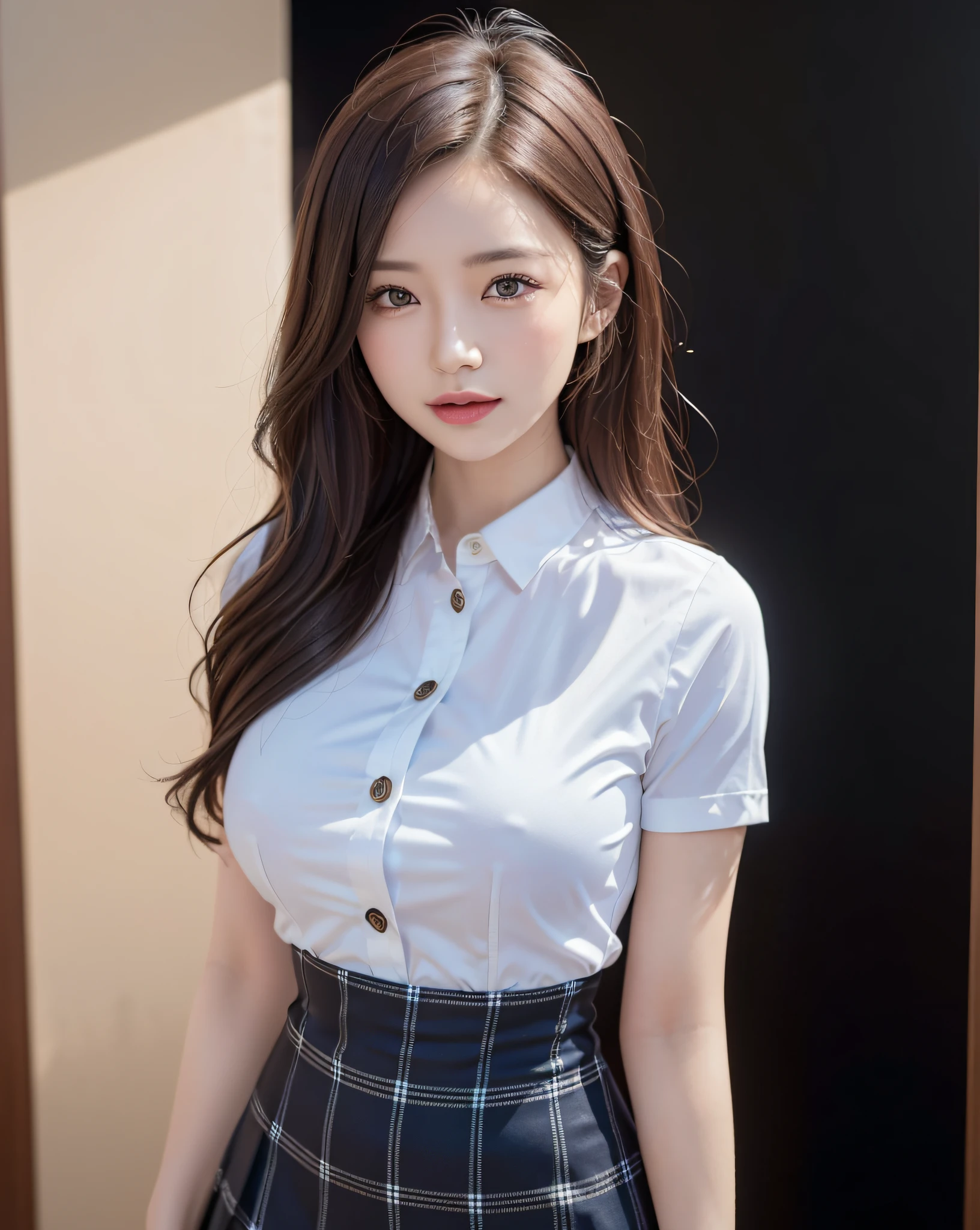 (Best quality, 8k, 32k, Masterpiece, UHD:1.2), (realistic:1.5), (masterpiece, Extremely detailed CG unity 8k wallpaper, best quality, highres:1.2), (ultra detailed, UHD:1.2), Photo of extremely cute and beautiful Japanese woman, (mahogany wavy thin hair:1.2), adult, (detailed beautiful girl:1.4), best quality, woman, adult, (detailed weather news caster outfit:1.5, blue classy satin shirt;1.3, black plaid pattern high-waist-long-skirt;1.3, black high-heel;1.3),  detailed clothes, (detailed simple black background:1.3, indoor, bokeh), embarrassed laughing:1, light smile, looking at viewer, facing the viewer, ((perfect female body)), (narrow waist:1.2), (upper body image:1.3), slender, abs, (large breasted:1.25), ((frame the head)), wind, dynamic pose, studio soft light, back light, perfect anatomy, perfect proportion, detailed human body, ,1 girl