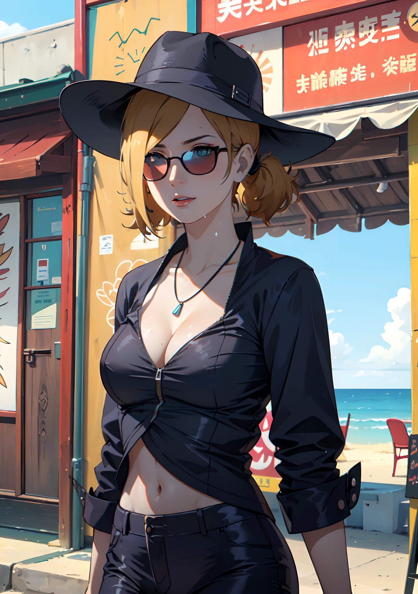 (masterpiece:1.2, best quality), (1lady, solo, upper body:1.2), Clothing: white bikini, wide-brimmed hat, strappy sandals, Accessories: shell necklace, tinted sunglasses, Hair: loose beach wavy, Makeup: natural, glowing skin, Behavior: relaxed, carefree, free-spirited, Location: beach, resort, outdoor festival, average breasts, soaking wet, (beautiful detailed face, beautiful detailed eyes), (sunbeam, sunlight, rose, wind)