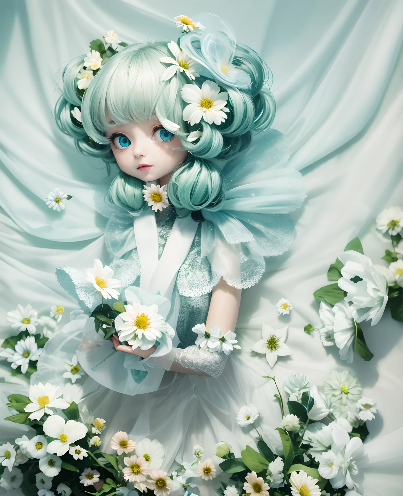 fresh flowers,green plant,one-girl,the Flower Fairy,Transparent white skirt,coiffed blonde hair,blue color eyes,A white cat,Luminous pentagram,Colorful flowers,youthfulenergy。