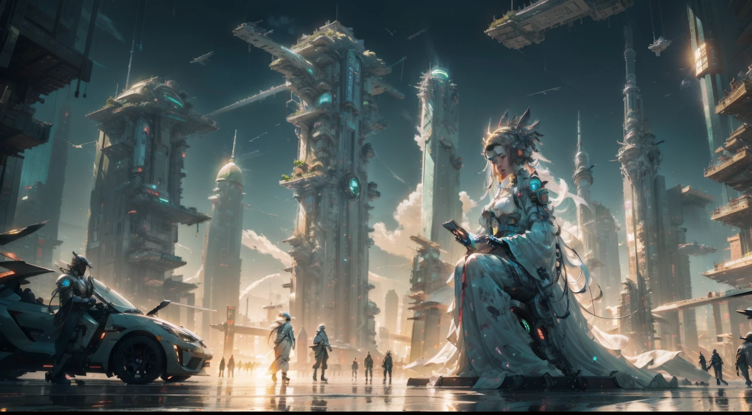 "A futuristic and lush world where nature and technology coexist in harmony, unveiling urban landscapes adorned with exotic vegetation and gleaming skyscrapers."