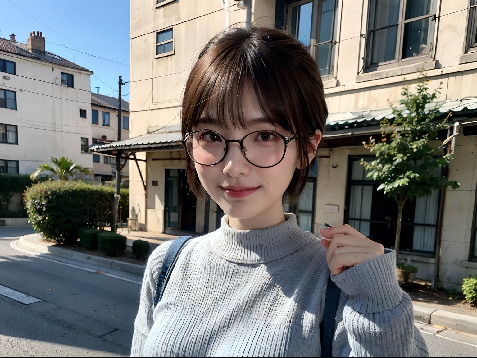 Woman posing on street corner in casual clothes、top-quality、女の子 1 人、Small chest、tag、with light glowing、blur backgroun、Bokeh、outside of house、(Street:0.8)、Woman with glasses、Glasses with a thin frame、Round lens glasses、Thin golden glasses frame、Sweaters:1.5、Light blue sweater:1.2、Blue Dress:1.5)、Luxury(Short hair、Forehead:1.2)、Beautiful sky with details、(dynamicposes:1.2)、 (The upper part of the body:0.5)、Soft lighting、the wind、glowy skin、a smile、