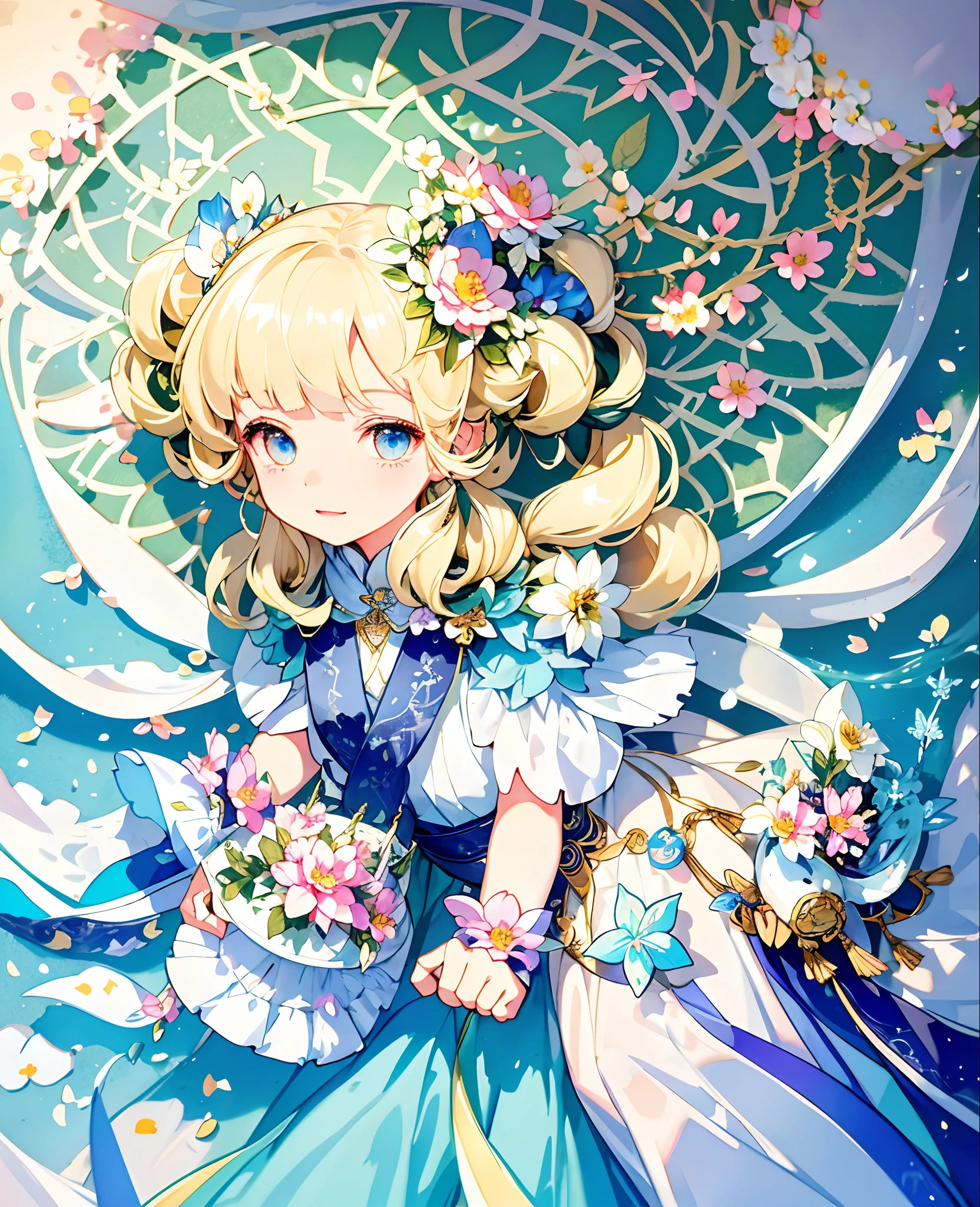 with colorful flowers and greenery,one-girl,Transparent white skirt,the Flower Fairy,coiffed blonde hair,A white cat,Magic wand,Luminous pentagram,Colorful flowers cover the picture,The whole scene is full of youthful energy。