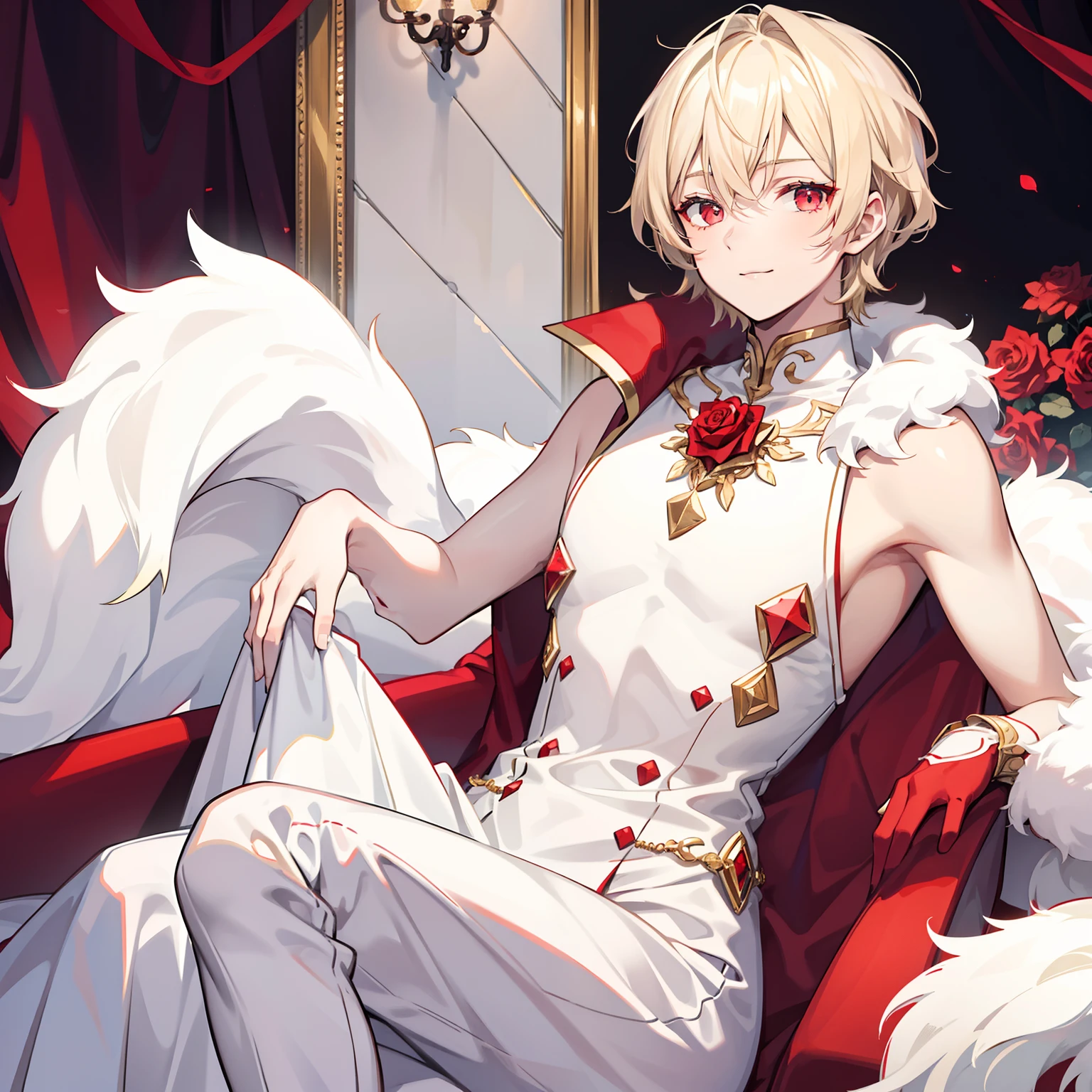 Young men，solo person，Short blonde hair slightly curled，Rose red eyes，Dressed in a luxurious dress in red and white，White fur draped over the shoulders，ssmile，Detailed eyes，8K