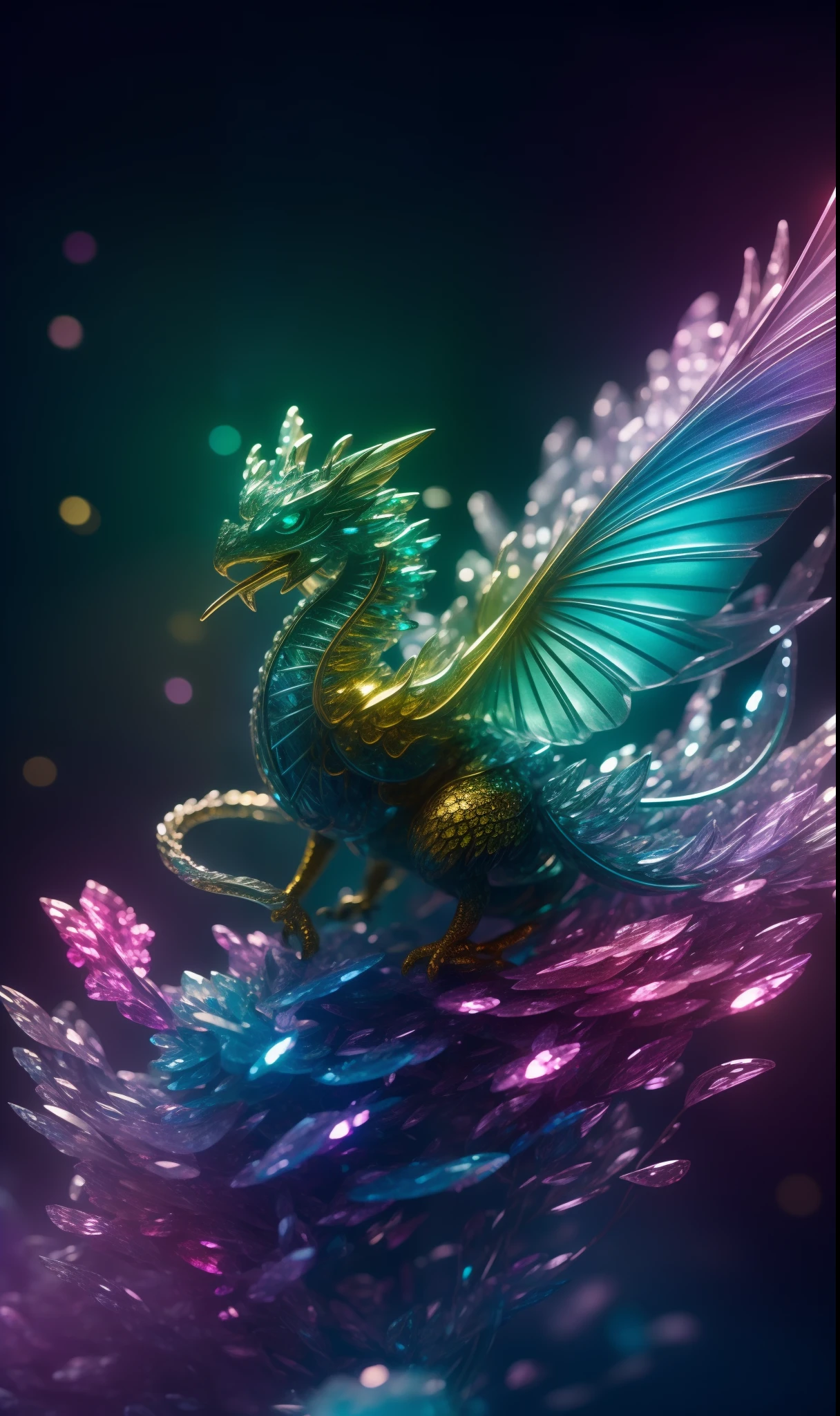 crystals fantasy,Chinese Dragon,full-color,toes up,neonlight,Countless crystal scales fluttered in the air,
fanciful, galactic, cleanness, shallowdepthoffield, Emerald bokeh, glittery, glittery, Amazing, Colorful,soft focus,
magical photography,Dramatic lighting,Foto realism,Hyper-detailing,4K,degrees of freedom,A high resolution