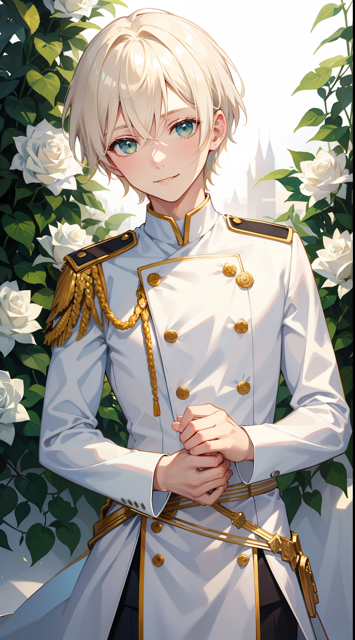 Young guy, short blonde hair with white strands, Green eyes, white officer's uniform, ssmile, White rose in hand, Crystal Rose, Masterpiece, hiquality