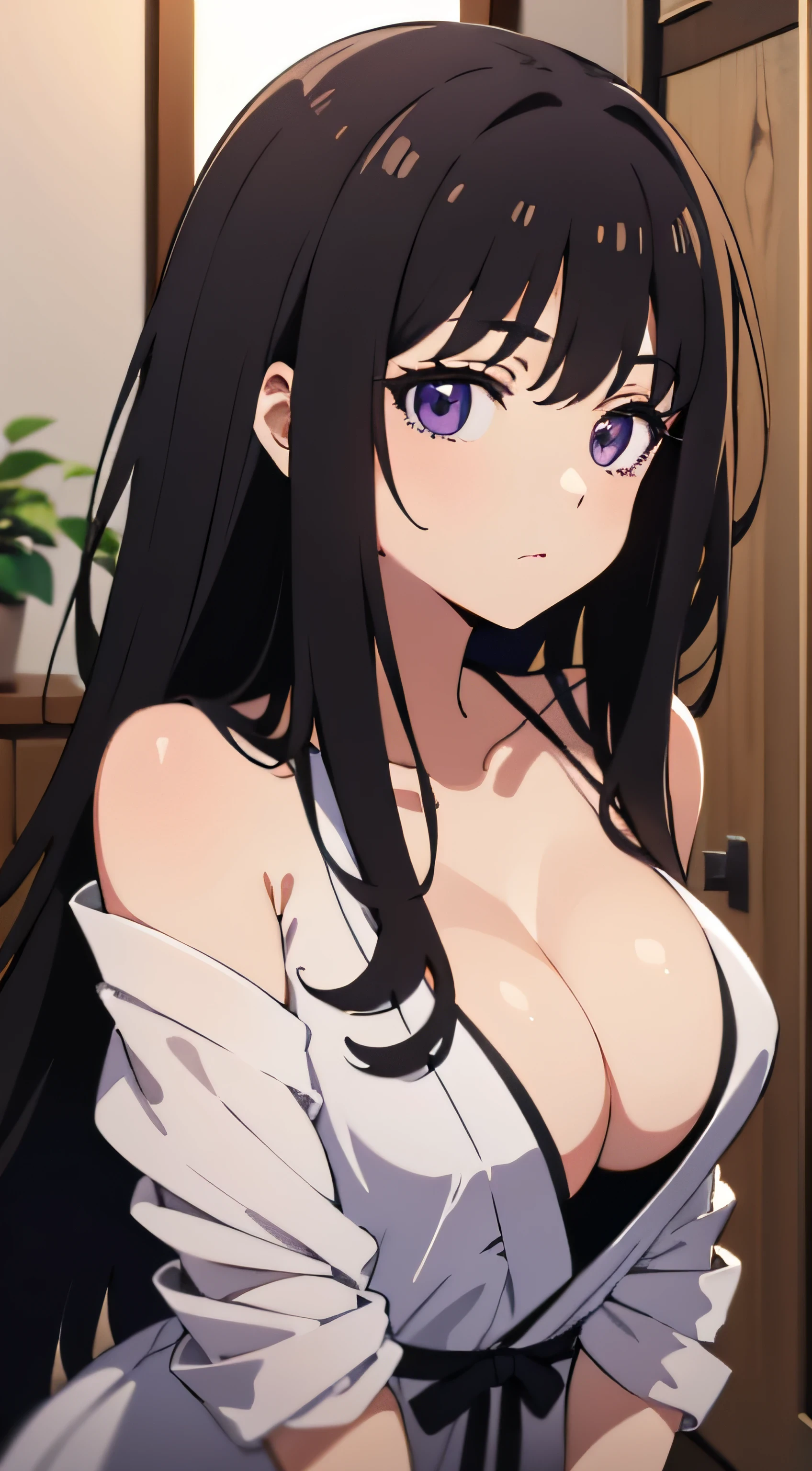 (masterpiece, best quality, extremely detailed, perfect pixel, 4k wallpaper, UHD), Inoue Takina, anime character, japanese anime style, long hair, bangs, black hair, (anime style eyes, detailed eyes, beautiful eyes), (purple eyes:1.2), medium breasts, cleavage, POV, close up, nightgown, black dress, indoor, bedroom