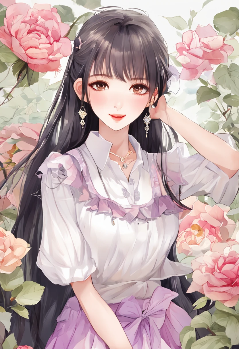 The sweet heroine in the idol drama is gentle and lovely, with long purple hair, personality lips, white tight-fitting short sleeves and light yellow skirt.