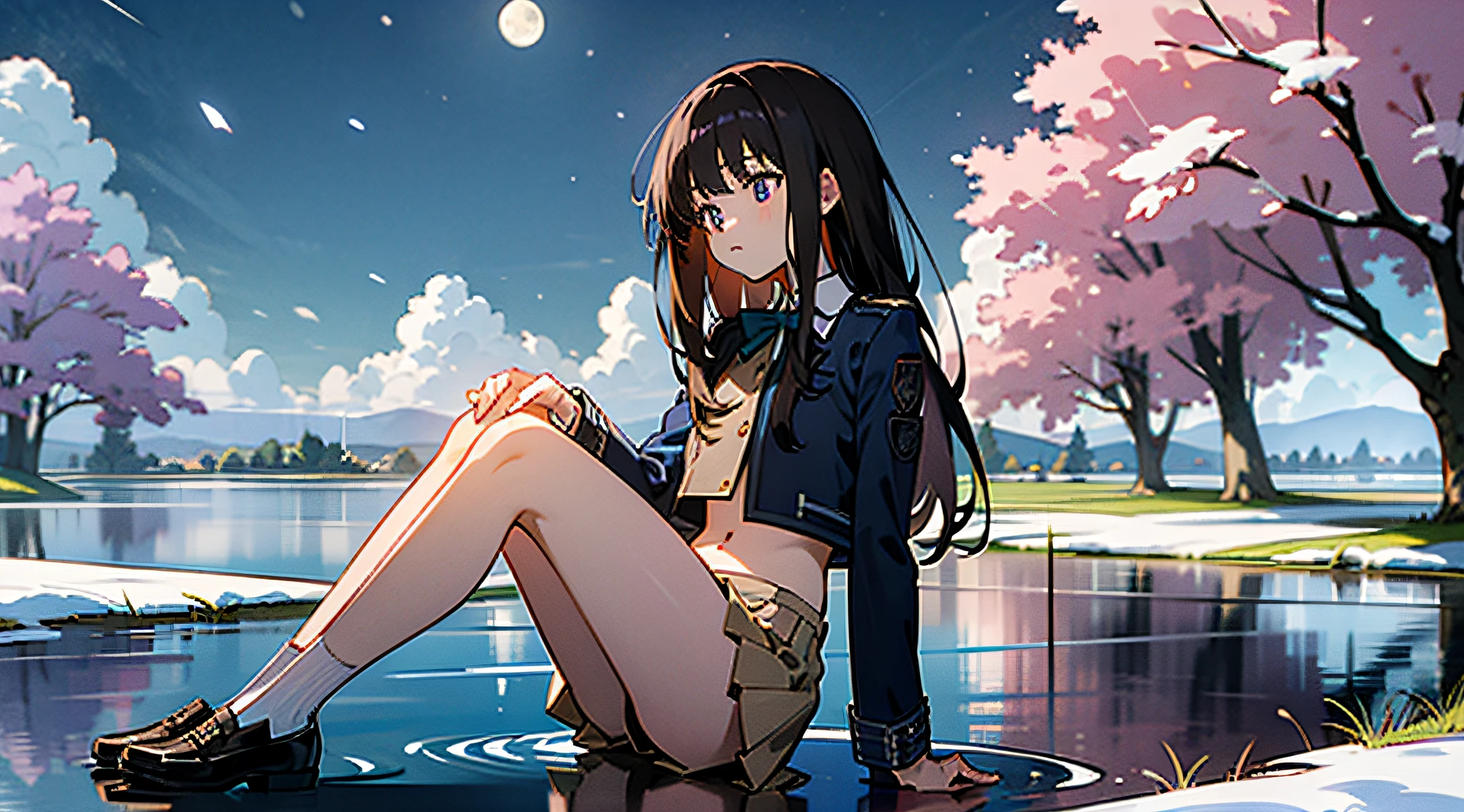 Inoue Takina, Long hair, bangs, Black hair, Purple pupils,Collared shirt，Uniform short skirt，Crop top，Bare legs，tiese，White socks，Expose the collarbone，Small leather shoes，large grassland，A long and wide river，the night，sitting under a cherry tree，Falling snow，snowfield，Thighs facing inward，Wide sky，small moon，Intricate clouds，Unbuttoned uniform，Shoes taken off