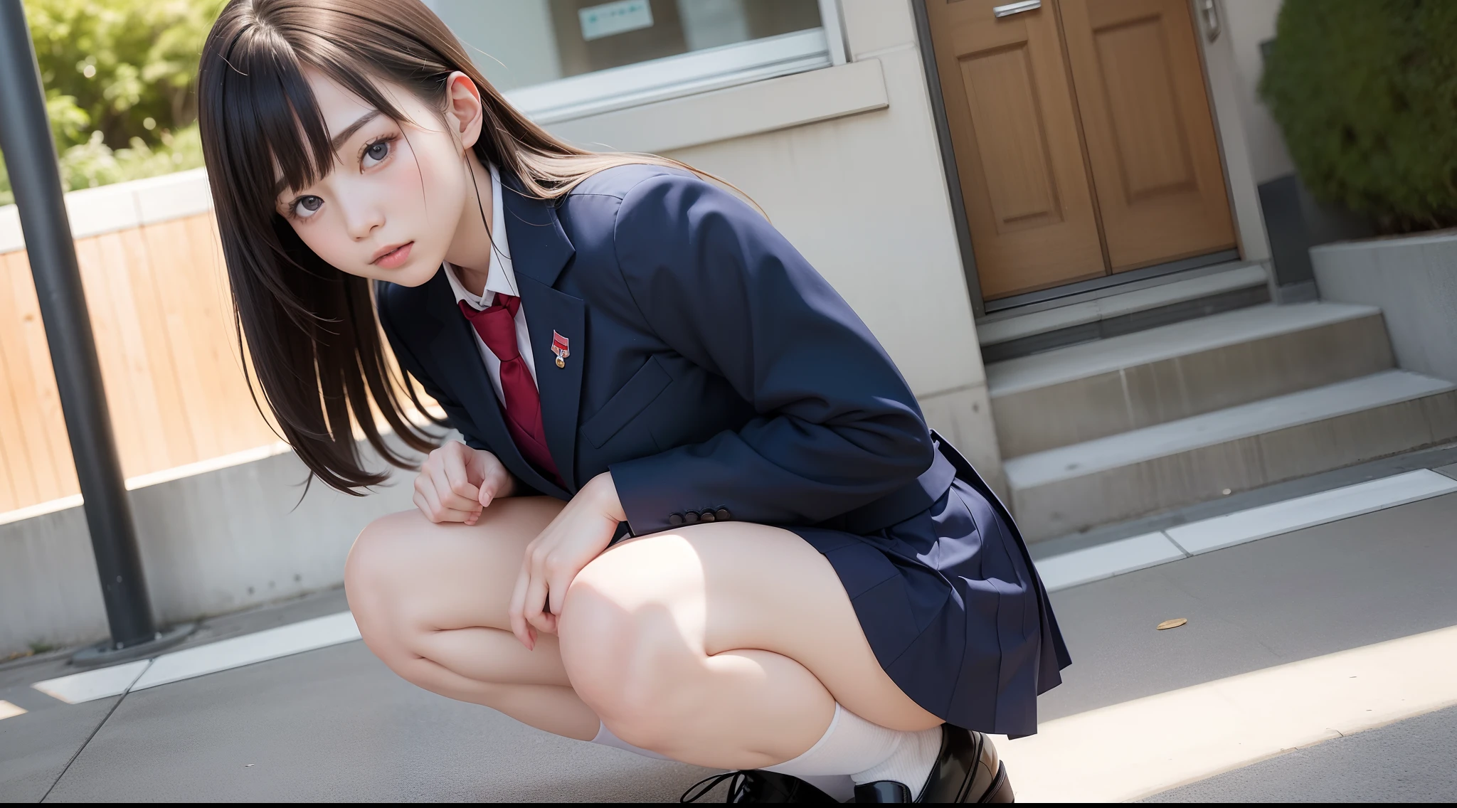There is a woman squatting on the ground in a suit and tie, the anime girl is crouching, portrait of a japanese teen, a hyperrealistic schoolgirl, real life anime girl, Japan school uniform, Squatting, Seifuku, a hyperrealistic schoolgirl, japanese girl school uniform, japanese high school, beautiful anime high school girl,I'm looking here,Naughty look,panthyhose