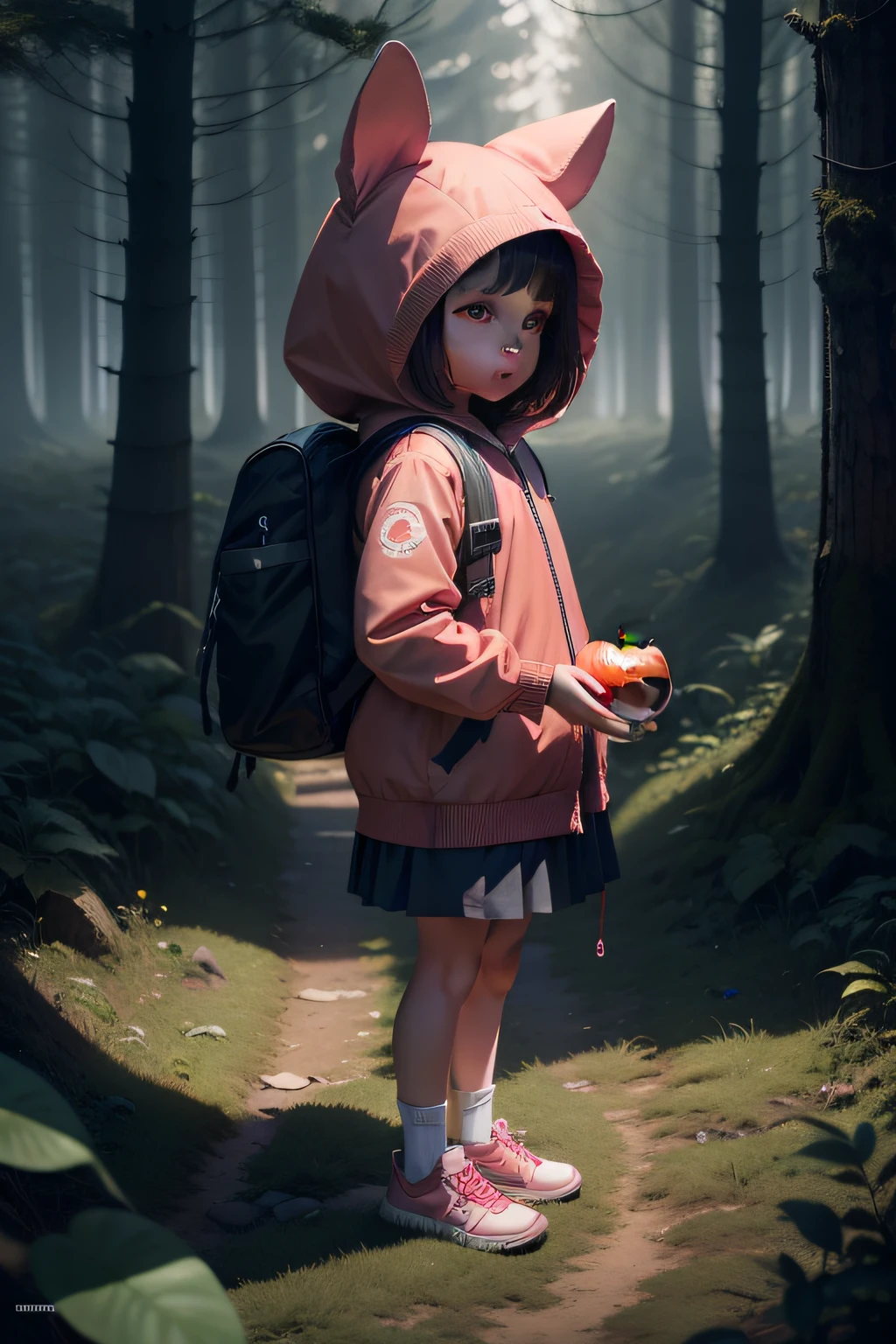 master part, 8K resolution, qualidade suprema, extraordinary creation, unparalleled craftsmanship, in the middle of a misty forest at night, uma raposa com aparencia infantil humanoid, vestida com roupa escolar, com mochila, wearing tennis and an apple in your hands.