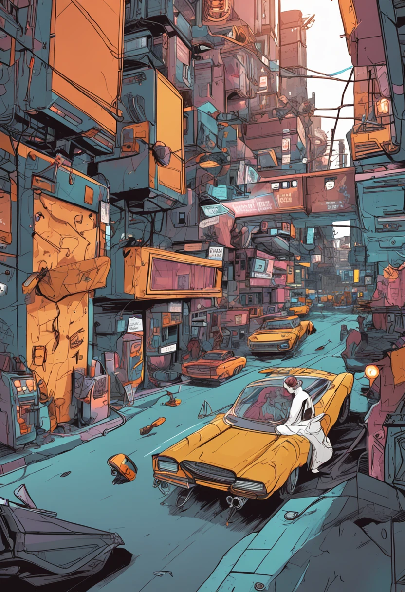 Gato, futurista+Cyberpunk, inteligente,usando trajes amarelos.