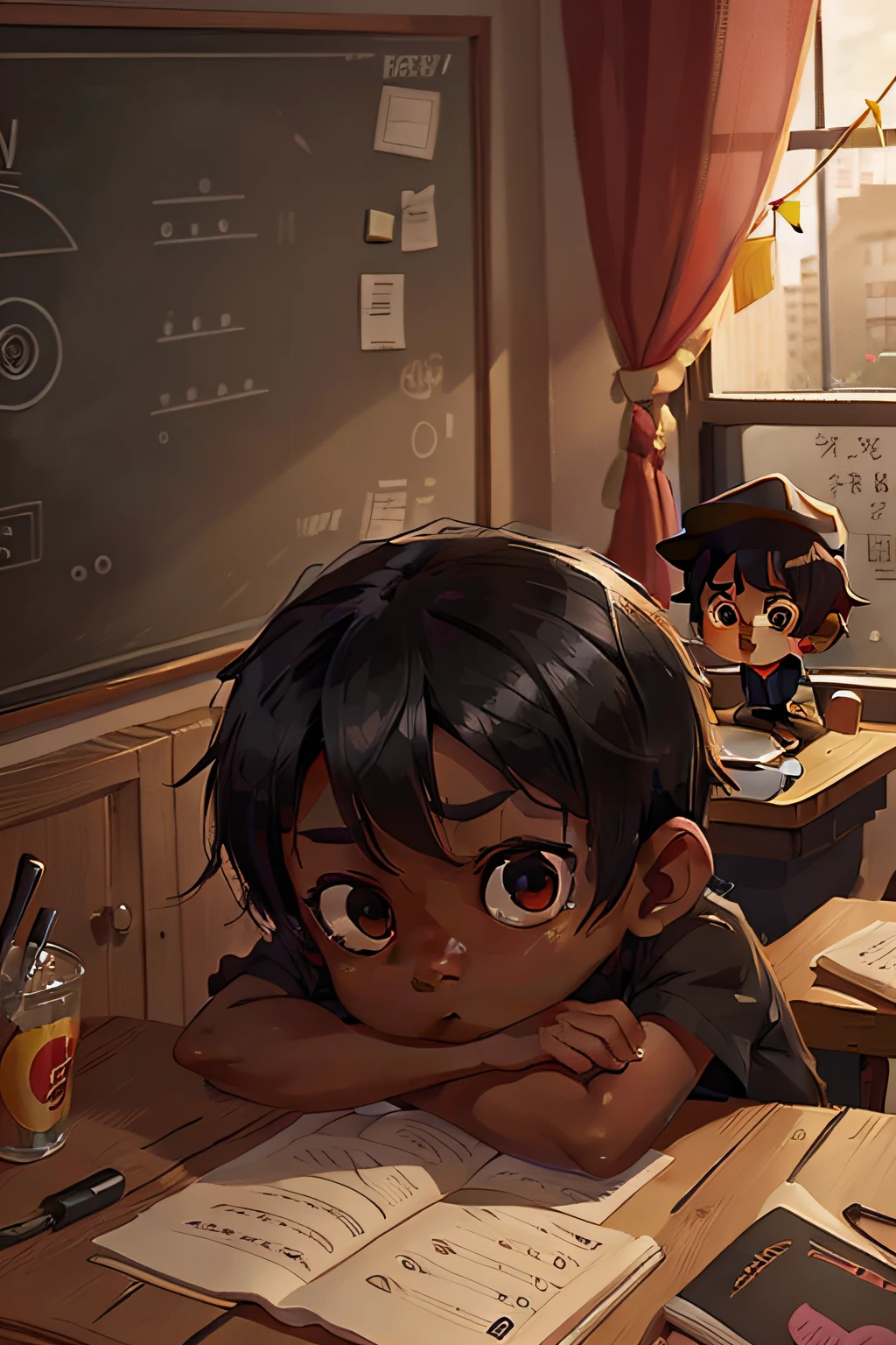 teo is , black, ebony, eyes, wearing cap, very short hair, in classroom, looking scared, scared face, looking out window, worried, male