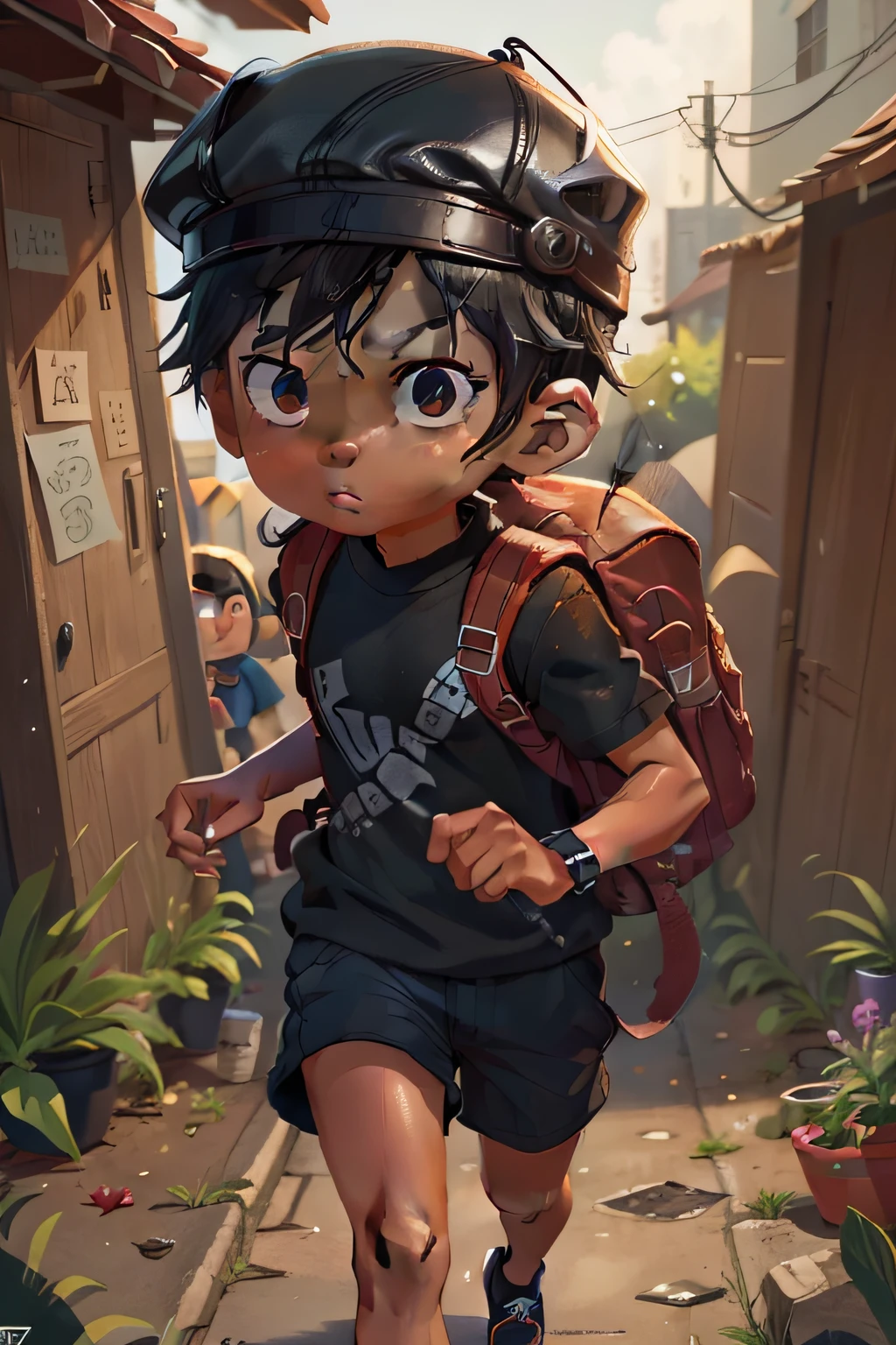 teo is 8 year old boy, black, ebony, cute, vibrant eyes, wearing cap, very short hair, looking scared, scared face, worried, backpack on back, running away, male
