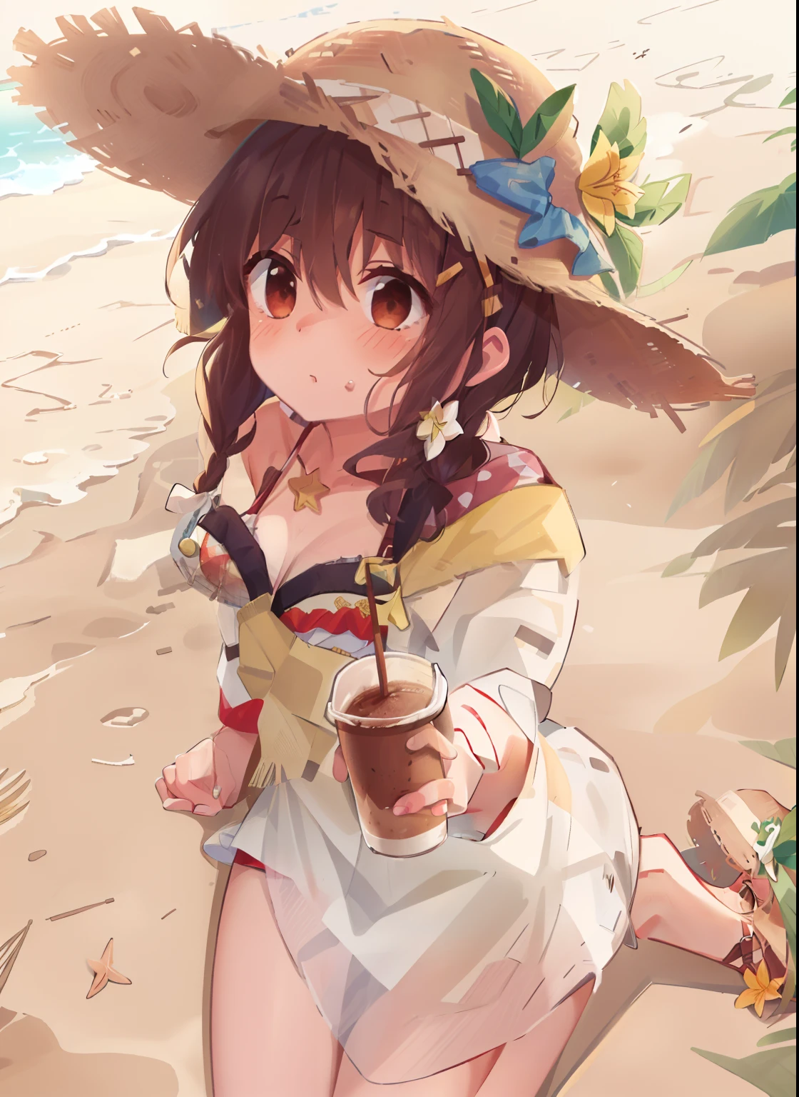 1girll, Solo, (Be red in the face:1.3), straw hat, yellow lily on hat, brown hair, brown eyes, white jacket on shoulder, bikini, beach, coffee on hand, ribbon, looking at viewer. checker pattern. paleo, sandal.