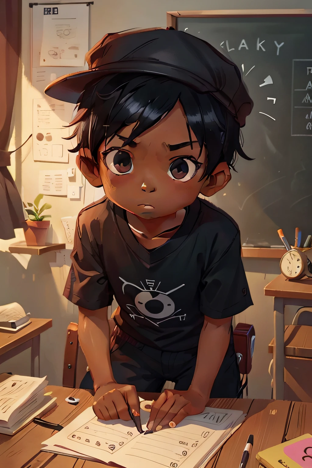 teo is 8 years old, black, ebony, cute, vibrant eyes, wearing cap, very short hair, looking sad, in classroom, head down, thinking, male