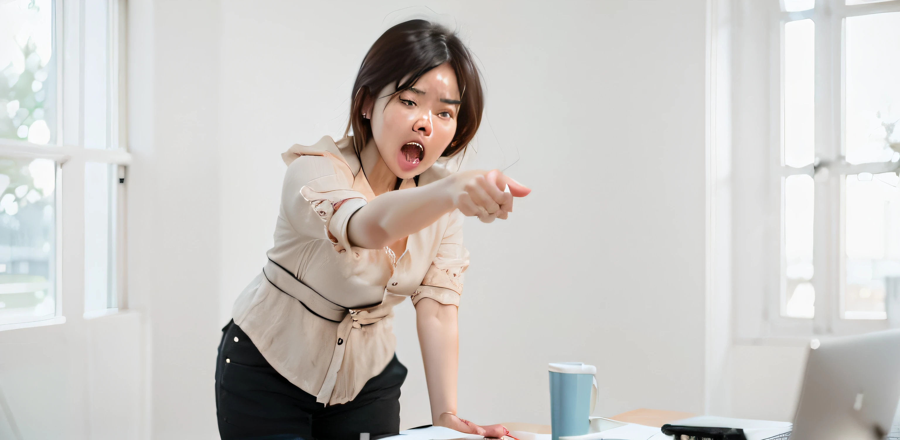 woman pointing at something on a laptop computer in an office, angry and pointing, korean artist, showing anger, kim hyun joo, yelling furiously, an angry, portraits of a woman enraged, indignant, jung gi kim, with pointing finger, woman, yelling, frustration, parody work, aggressive pose, threatening pose, yayoi kasuma