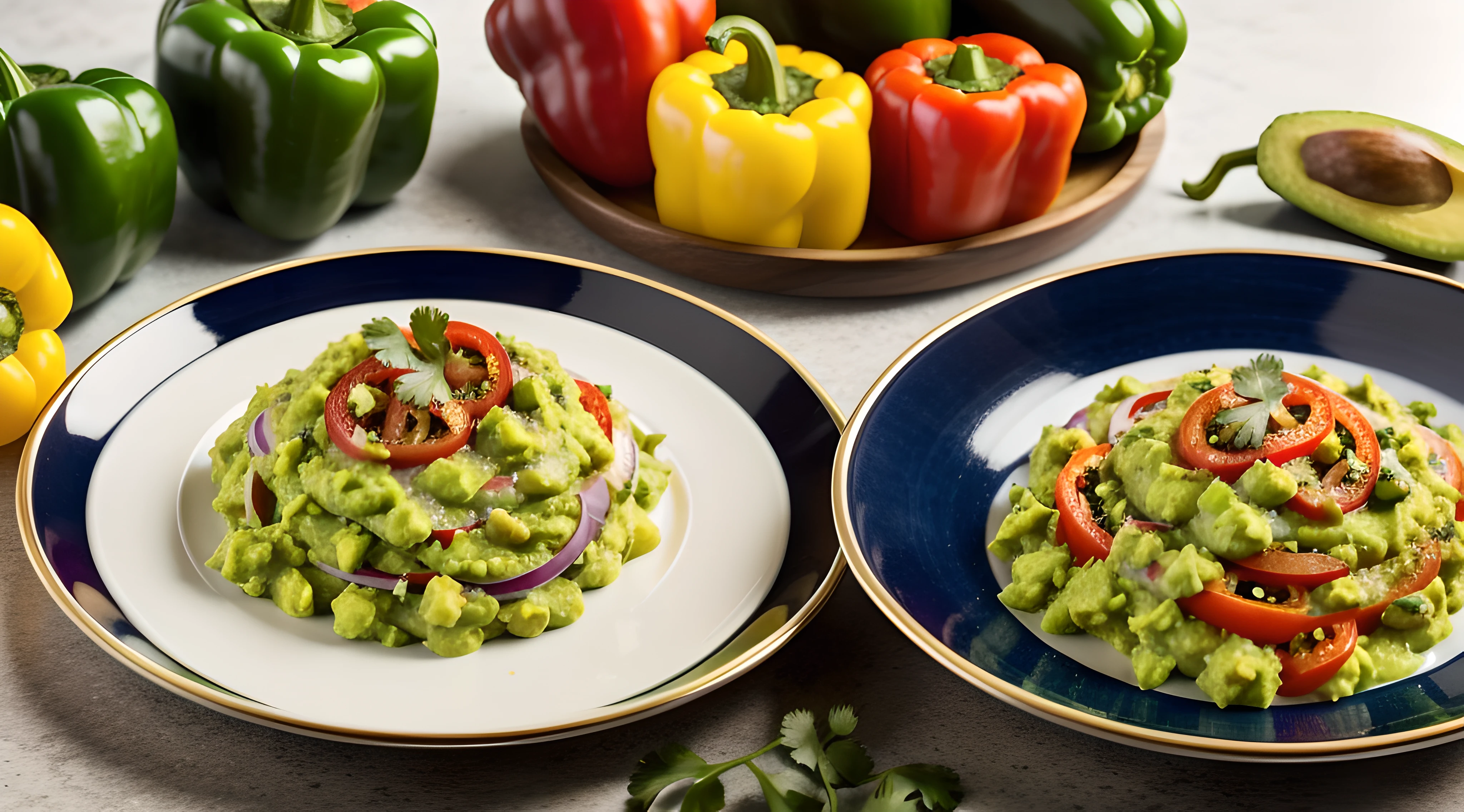 "Generate an ultra-high definition image showcasing vibrant slices of bell peppers paired with a luscious dollop of guacamole, all arranged on a plate that invites immediate indulgence. Utilize advanced macro photography techniques to capture the rich textures and enticing colors of the ingredients.

Position the camera at a flattering angle to capture the succulent details of the sliced bell peppers and the creamy guacamole, utilizing a shallow depth of field to create a soft, dreamy background that keeps the focus on the mouthwatering dish.

Implement diffused and warm lighting to enhance the natural colors of the bell peppers and guacamole, creating a sensory experience that is visually inviting. Utilize soft shadows to add depth and dimension to the arrangement.

Experiment with composition to arrange the bell pepper slices in an appealing manner, with the guacamole forming an alluring backdrop. Utilize post-processing techniques to enhance the image's contrast, saturation, and color balance, ensuring that each ingredient appears delectably appetizing.

Capture the moment that captures the essence of enjoying a satisfying meal, evoking a sense of happiness and anticipation. Employ post-processing to refine the image's contrast, sharpness, and color balance, ensuring that every detail, from the vibrant bell pepper colors to the creamy guacamole texture, is rendered in exquisite realism.

Ultimately, convey a scene that awakens the senses and sparks hunger, inviting viewers to imagine the delightful flavors and textures of the dish, and enticing them to take a satisfying bite."