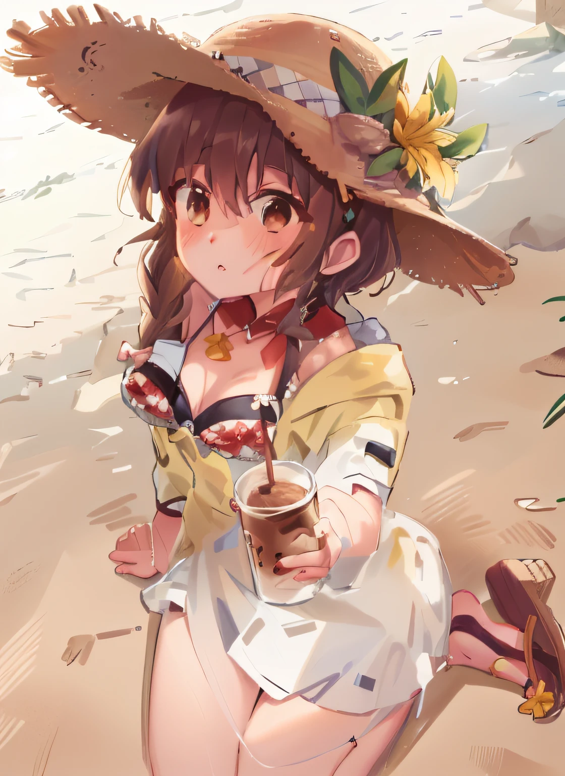 1girll, Solo, (Be red in the face:1.3), straw hat, yellow lily on hat, brown hair, brown eyes, white jacket on shoulder, bikini, beach, coffee on hand, ribbon, looking at viewer. checker pattern. paleo, sandal.