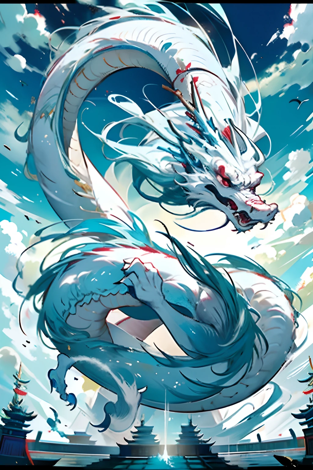Best quality at best,tmasterpiece,超高分辨率,without humans,(The long:1.2),without humans,clouds,buliding,east asian architecture,red eyes,banya,with her mouth open,Skysky,fang,a Oriental Dragons,mostly cloudy sky,teeth,flight,icey,ice blue,ice Dragon