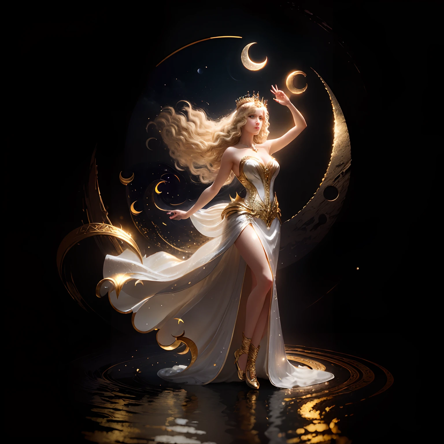 masterpiece, highest quality, solo focus, (perfect face:1.1) , (high detail:1.1), (dramatic, 1.5), 1 muscular female:1.3, (blonde curled hair:1.2), (gold jewelry), (crescent moon crown:1.3), (dresses in simple silver gown), (outdoors in deep darkness), (dark:1.3), (limned in bright light mirrored by the moon above her), hyper detailed, digital art, studio quality, smooth render, unreal engine 5 render, octane render, 8K, particle effects,