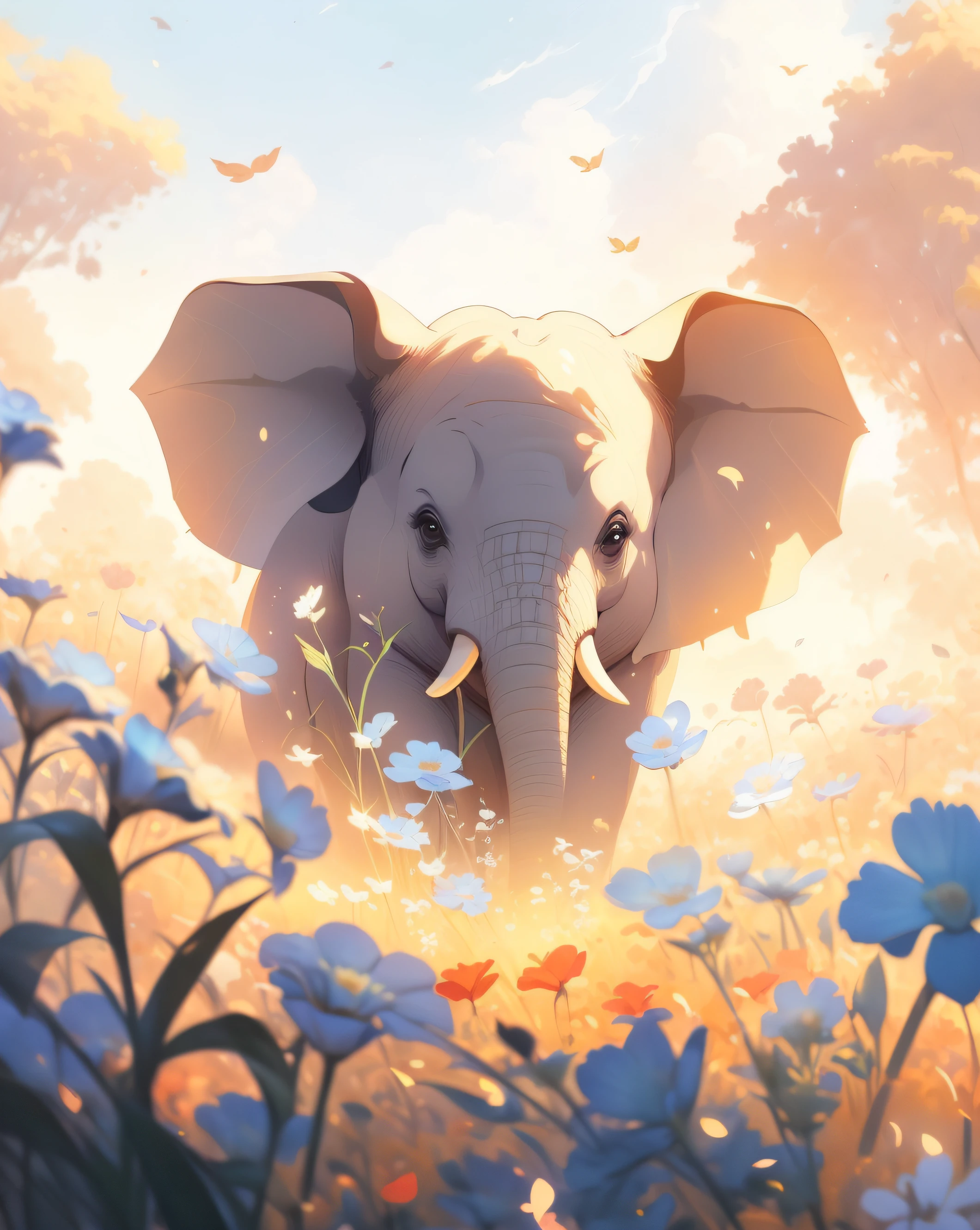 There is an elephant walking through a flower field, A beautiful artwork illustration, lovely digital painting, Beautiful digital artwork, Beautiful artwork, Artgerm and Atey Ghailan, atey ghailan 8 k, emotional concept art, Inspired by Cyril Rolando, cyril rolando and m.Kaluta, cyril rolando and m. Kaluta