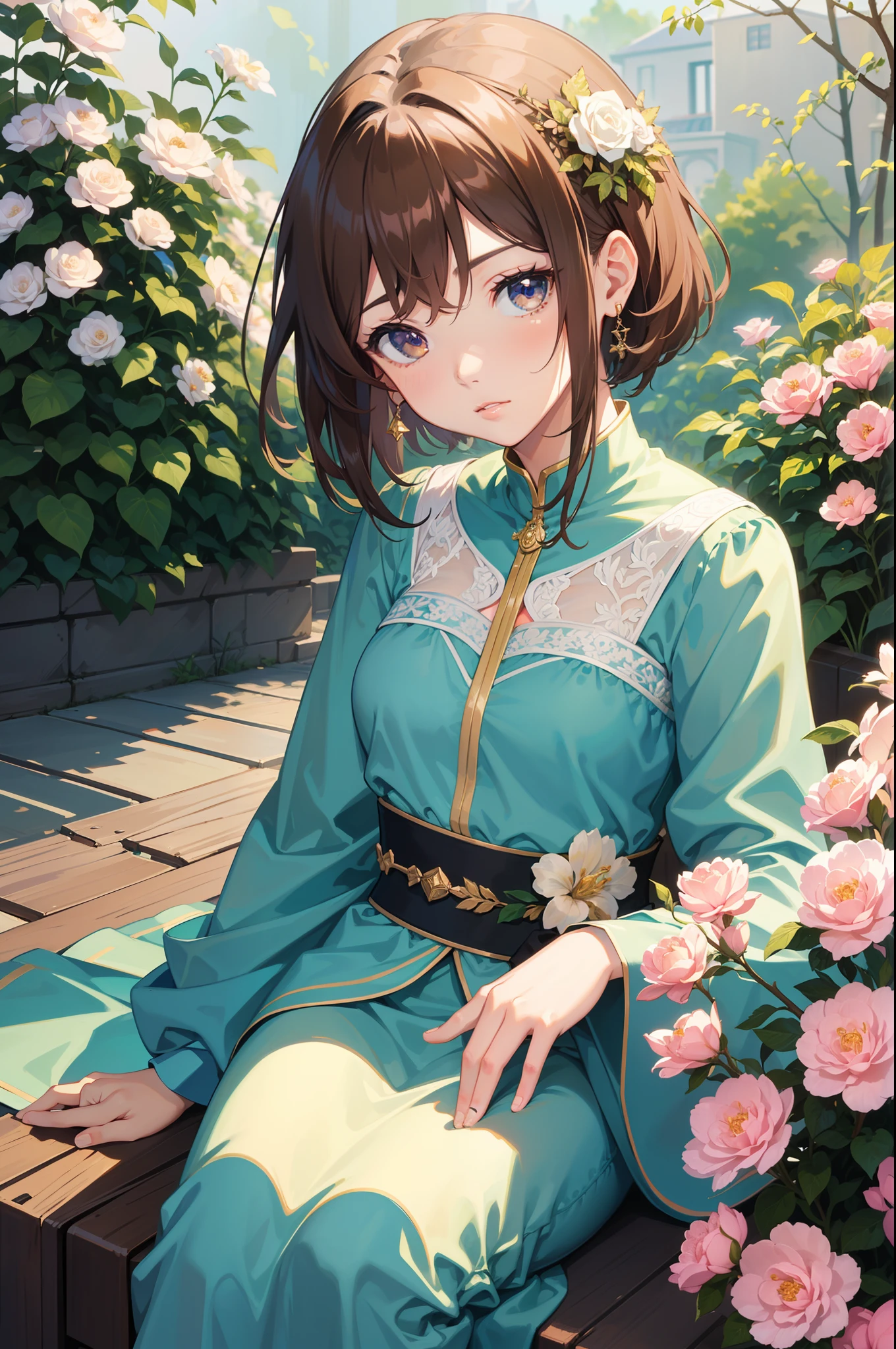 Official Art, Masterpiece European female face, short hair, lightbrown hair , brown eyes , flower garden , (masterpiece、top-quality、hight resolution: 1.4),in 8K, Drawing of a woman with short lightbrown hair, Anime Art Nouveau, highly detailed exquisite fanart, anime fantasy illustration, clean detailed anime art, detailed anime art, Sharp Focus, Delicate Beautiful Hair and Eyes and Face, realisitic, ultra-detailliert, a beauty girl, sunlight