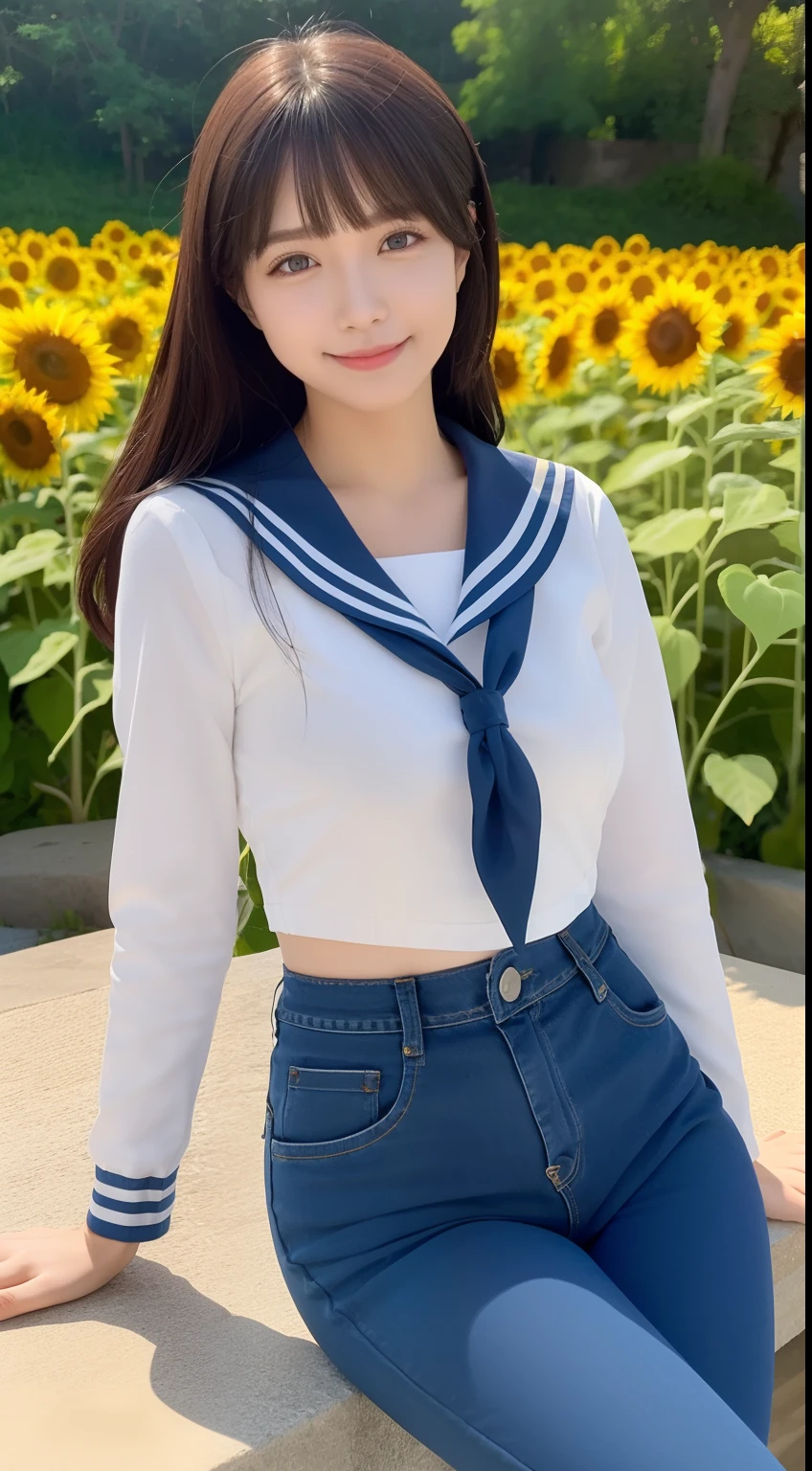 A smiling girl,Wear a tight sailor suit,denim pant,sitting on a large stone,There are a lot of sunflowers around,com rosto detalhado,The eyes are delicate,The photo quality is the best,Realistic image quality,Background diffuse lighting,Depth of field display。