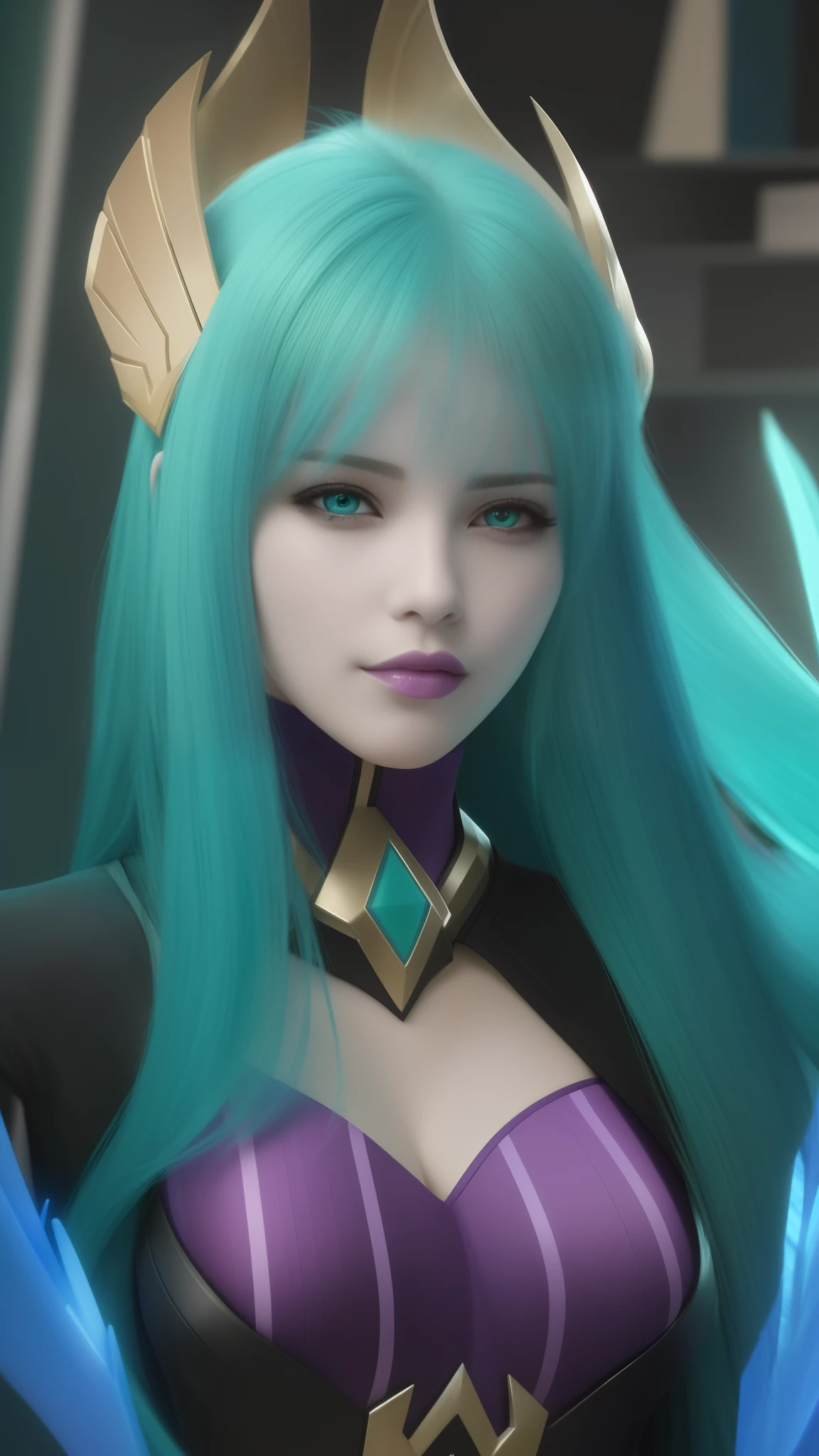 a woman with blue hair and a green, beautiful face, very beautiful, purple breast, 8K, 32K, ultra detail, extremely quality, best quality, best quality, cute nose, realistic, bitchy lips, thin lips, little smile