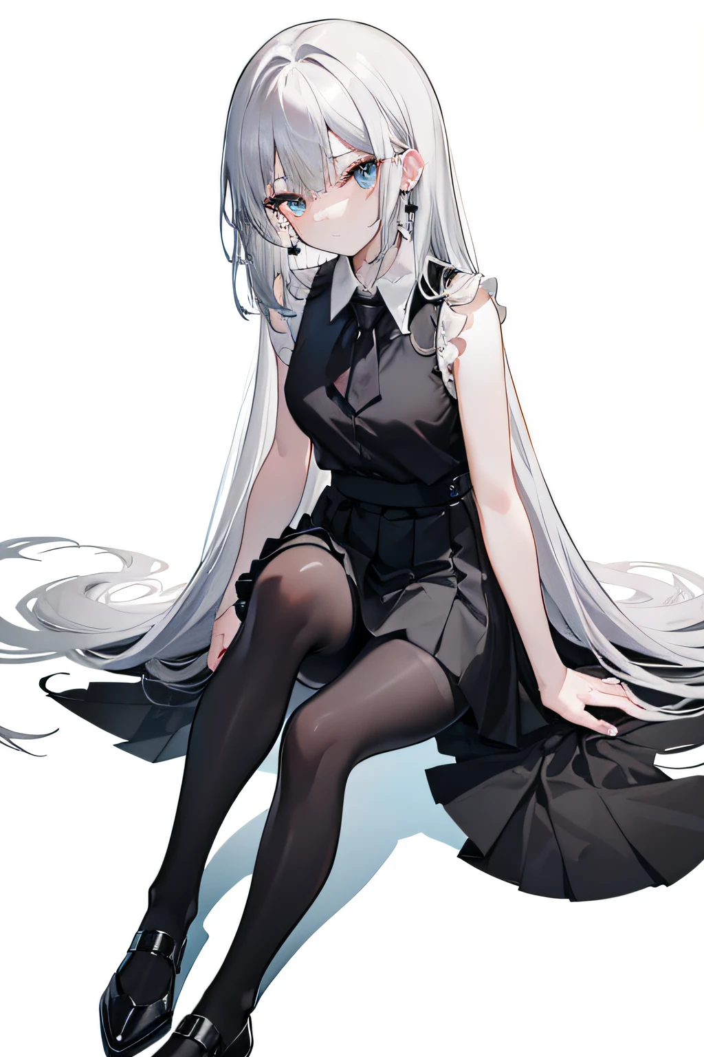 [(white background:1.4)::5], (imid shot:0.95), (full body:1.25), Dynamic angle, (official art), extremely delicate and beautiful,(by exquisite colors block), 2d, (fantasy), depth of field, // 1girl, sitting, looking at viewer, full body,loli, solo,(eyes), sidelocks, long white ponytail, (long grey hair:1.1),bangs, earrings,medium breasts, sleeveless shirt, bare shoulders, black skirt, white shirt, black vest, black necktie,black collared shirt, bare arms, (miniskirt:1.2), black pantyhose, closed mouth, shadow,black vest, pleated skirt, jewelry, sleeveless, thighband pantyhose, [black footwear], high heels, // (grey and black gradient background, gradient),[golden cubes] // in flower blossoms