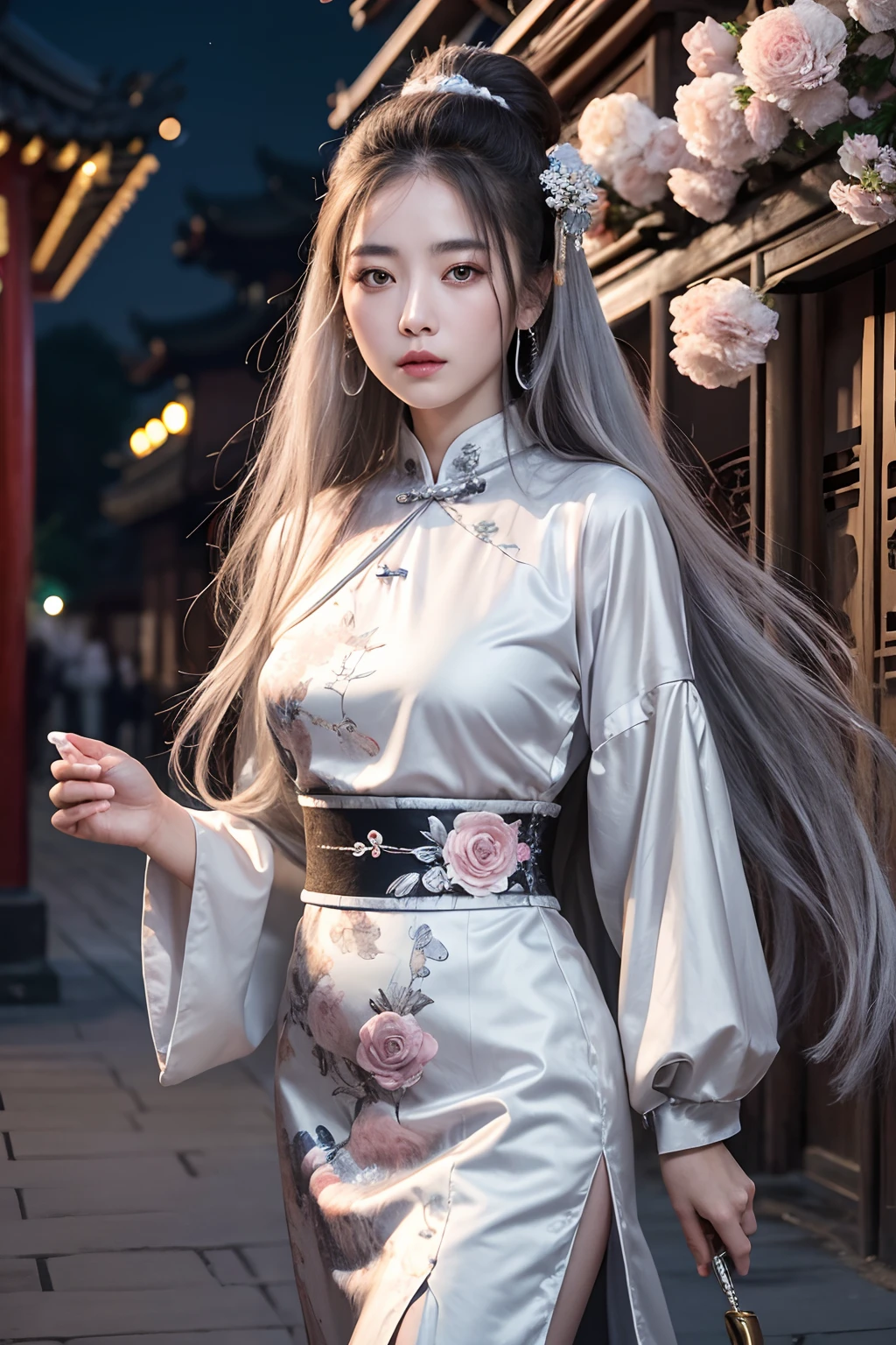 Masterpiece, Best quality, Night, full moon, 1 girl, Mature woman, Chinese style, Ancient China, sister, Royal Sister, Cold expression, Expressionless face, Silver white long haired woman, Light pink lips, calm, Intellectual, tribelt, Gray pupils, assassins, short knife, flower ball background, Stroll through the street view