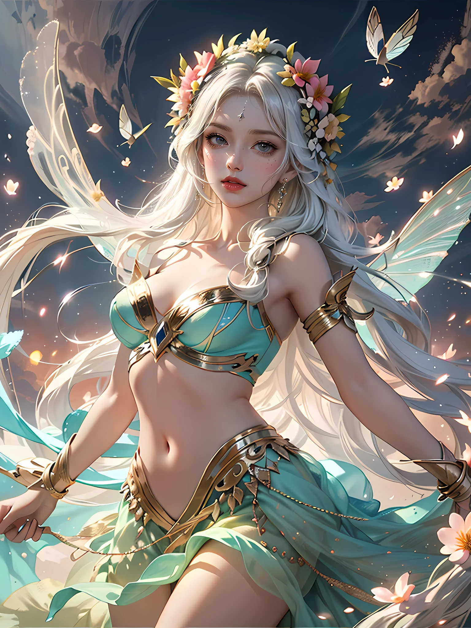 (8K, primitive, Photorealistic: 1.25) Realistic, Cinematic light,(actionpose: 1.4),the Flower Fairy,Petal skirt,Flowing skirt,A pair of transparent wings emit a dreamy glow,Fairy stick, Dance,in a panoramic view,flower sea,rays of sunlight piercing through,Colorful, (Best quality)), Magic light,, Perfect anatomy,trends in art station,Engaging tips,ingenious composition,Detailed CG screen,Wallpaper out amazing artwork