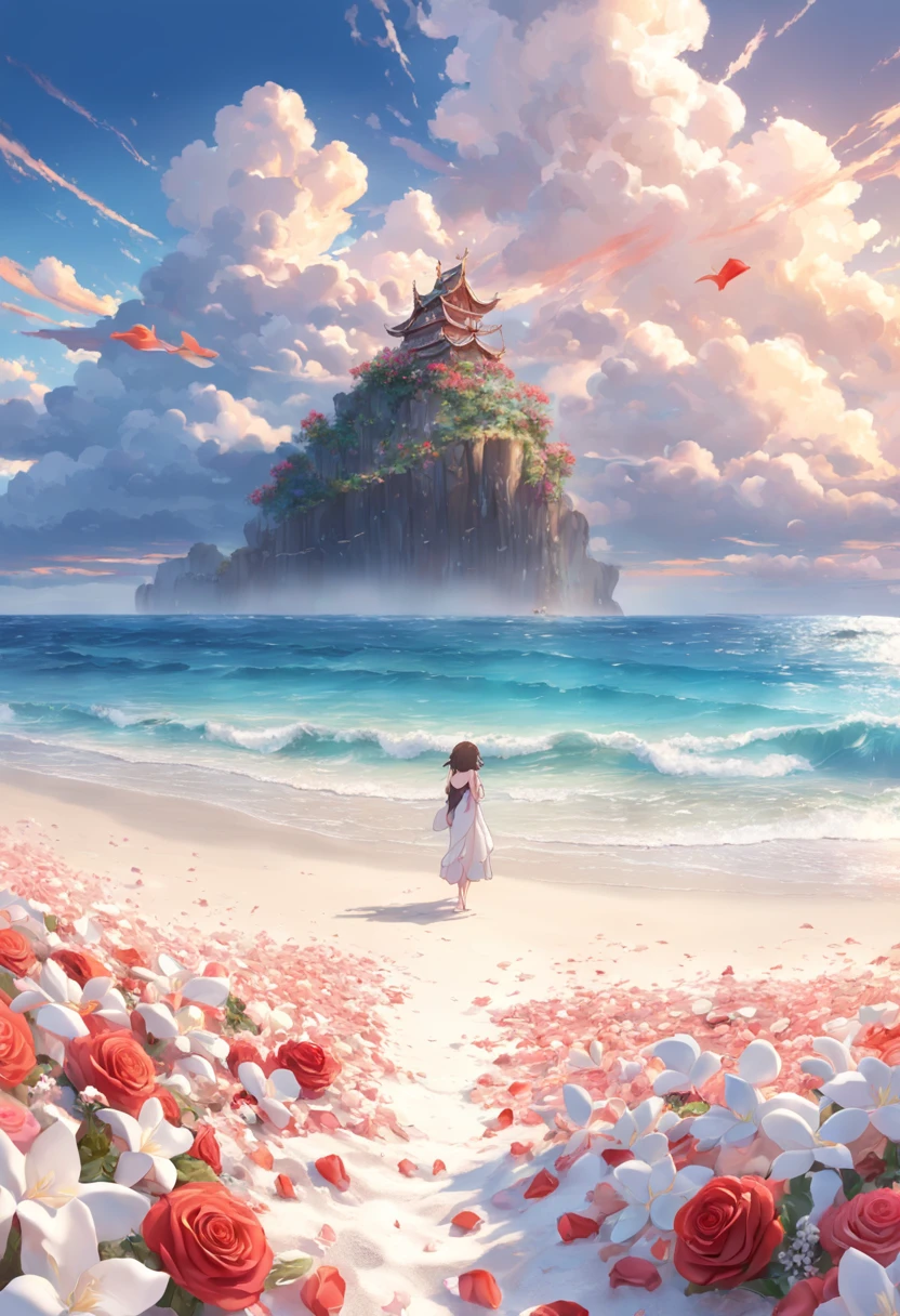 delicate scene,depth of field, 8K, The ivory sky,white clouds,and sunlight shine on the snow-white beach. The coral sea,and many colorful tinny shells on the beach,red roses, roses focus,