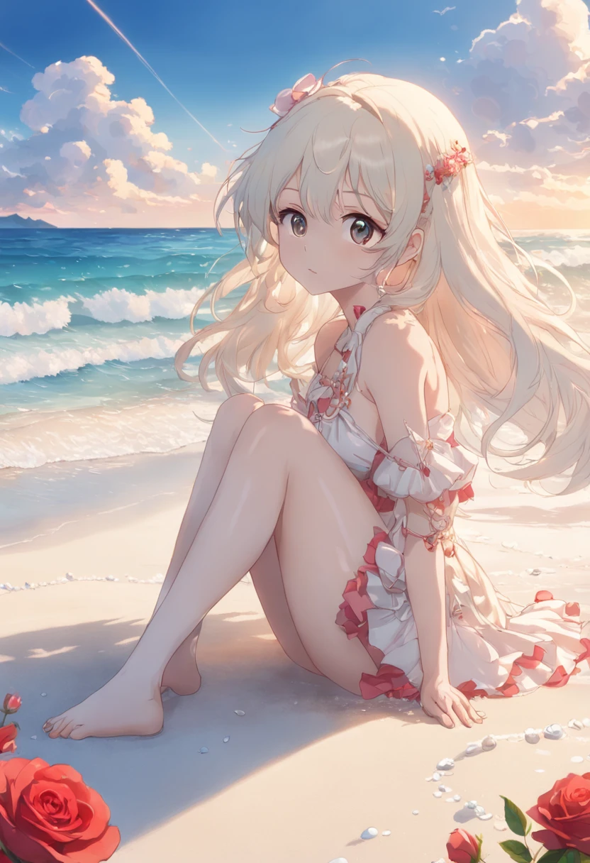 delicate scene,depth of field, 8K, The ivory sky,white clouds,and sunlight shine on the snow-white beach. The coral sea,and many colorful tinny shells on the beach,red roses, roses focus,